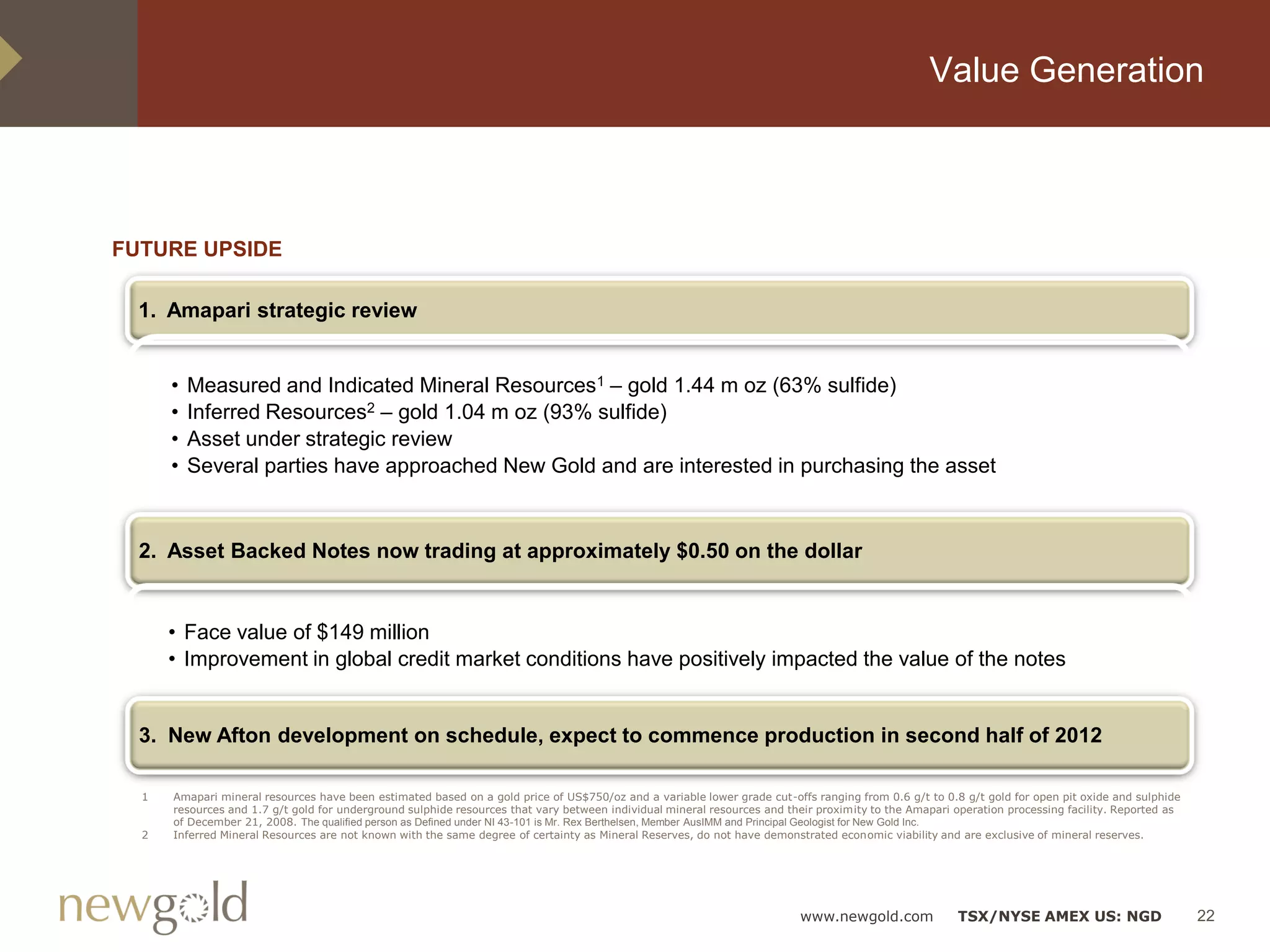 Value Generation



FUTURE UPSIDE

  1. Amapari strategic review


      •   Measured and Indicated Mineral Resources1 – gold 1.44 m oz (63% sulfide)
      •   Inferred Resources2 – gold 1.04 m oz (93% sulfide)
      •   Asset under strategic review
      •   Several parties have approached New Gold and are interested in purchasing the asset



  2. Asset Backed Notes now trading at approximately $0.50 on the dollar


      • Face value of $149 million
      • Improvement in global credit market conditions have positively impacted the value of the notes


  3. New Afton development on schedule, expect to commence production in second half of 2012

  1   Amapari mineral resources have been estimated based on a gold price of US$750/oz and a variable lower grade cut-offs ranging from 0.6 g/t to 0.8 g/t gold for open pit oxide and sulphide
      resources and 1.7 g/t gold for underground sulphide resources that vary between individual mineral resources and their proximity to the Amapari operation processing facility. Reported as
      of December 21, 2008. The qualified person as Defined under NI 43-101 is Mr. Rex Berthelsen, Member AusIMM and Principal Geologist for New Gold Inc.
  2   Inferred Mineral Resources are not known with the same degree of certainty as Mineral Reserves, do not have demonstrated economic viability and are exclusive of mineral reserves.




                                                                                                                         www.newgold.com              TSX/NYSE AMEX US: NGD                        22
 