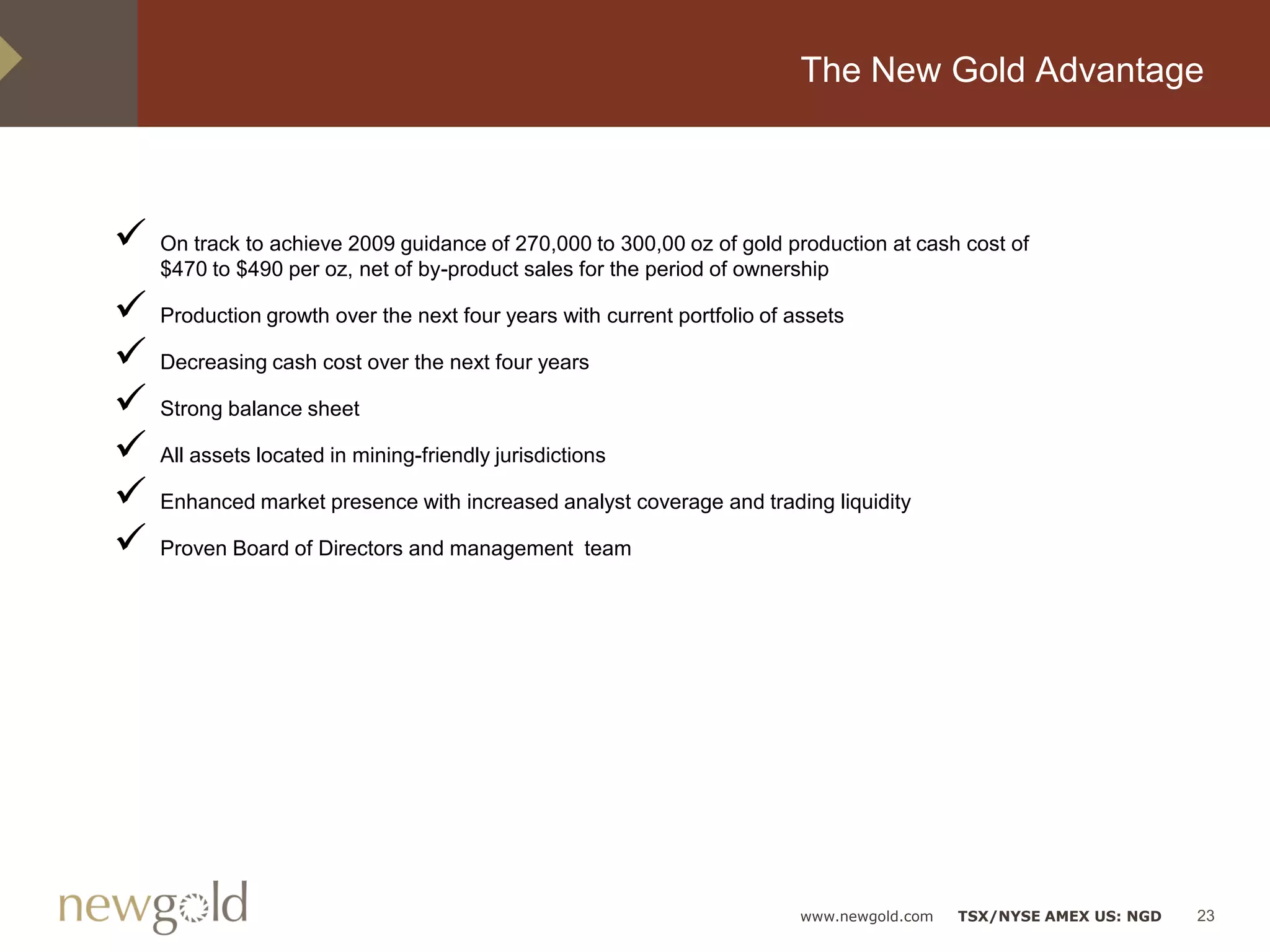 The New Gold Advantage



   On track to achieve 2009 guidance of 270,000 to 300,00 oz of gold production at cash cost of
    $470 to $490 per oz, net of by-product sales for the period of ownership

   Production growth over the next four years with current portfolio of assets

   Decreasing cash cost over the next four years

   Strong balance sheet

   All assets located in mining-friendly jurisdictions

   Enhanced market presence with increased analyst coverage and trading liquidity

   Proven Board of Directors and management team




                                                                          www.newgold.com   TSX/NYSE AMEX US: NGD   23
 