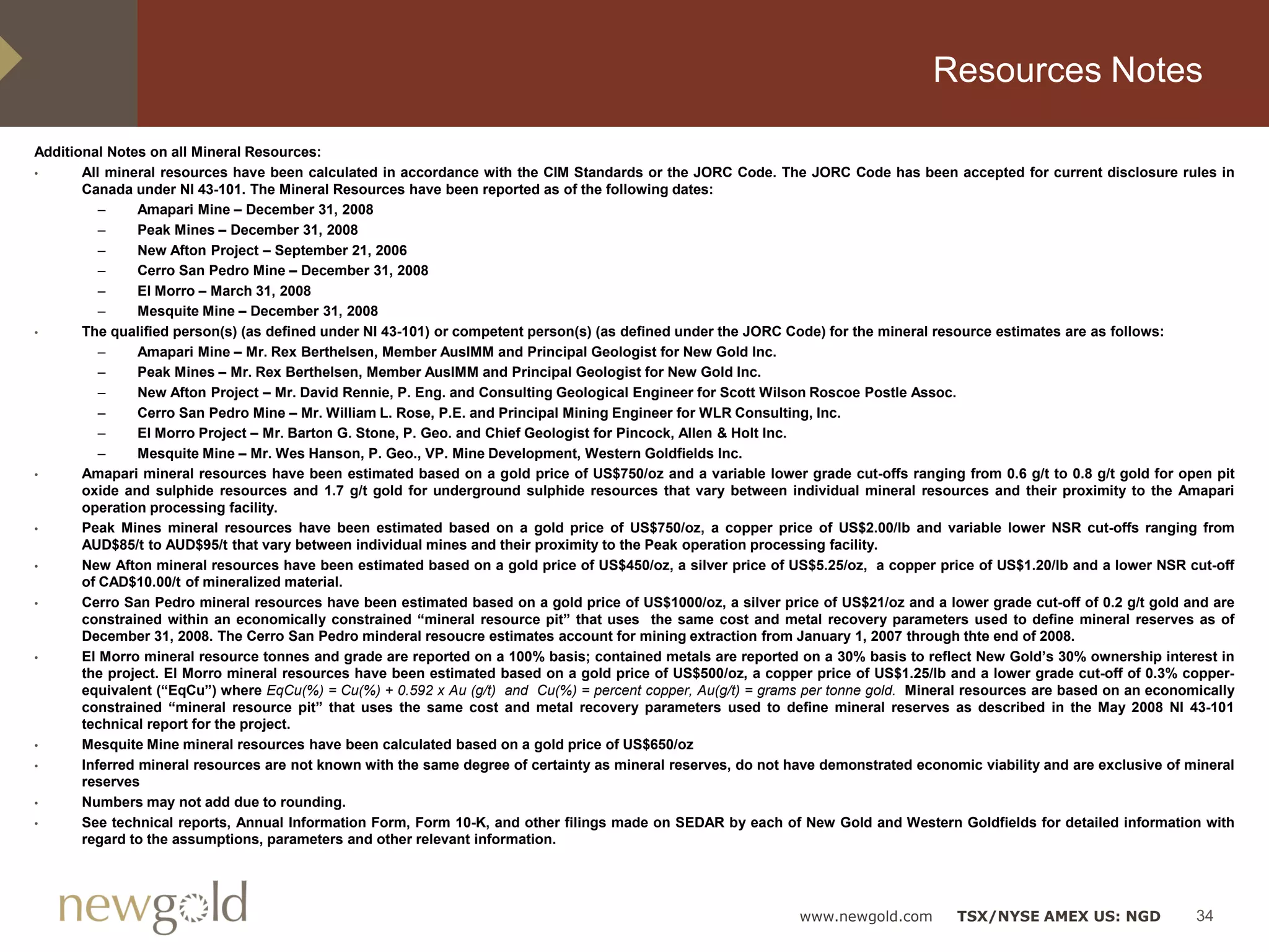 Resources Notes

Additional Notes on all Mineral Resources:
•      All mineral resources have been calculated in accordance with the CIM Standards or the JORC Code. The JORC Code has been accepted for current disclosure rules in
       Canada under NI 43-101. The Mineral Resources have been reported as of the following dates:
          –     Amapari Mine – December 31, 2008
          –     Peak Mines – December 31, 2008
          –     New Afton Project – September 21, 2006
          –     Cerro San Pedro Mine – December 31, 2008
          –     El Morro – March 31, 2008
          –     Mesquite Mine – December 31, 2008
•      The qualified person(s) (as defined under NI 43-101) or competent person(s) (as defined under the JORC Code) for the mineral resource estimates are as follows:
          –     Amapari Mine – Mr. Rex Berthelsen, Member AusIMM and Principal Geologist for New Gold Inc.
          –     Peak Mines – Mr. Rex Berthelsen, Member AusIMM and Principal Geologist for New Gold Inc.
          –     New Afton Project – Mr. David Rennie, P. Eng. and Consulting Geological Engineer for Scott Wilson Roscoe Postle Assoc.
          –     Cerro San Pedro Mine – Mr. William L. Rose, P.E. and Principal Mining Engineer for WLR Consulting, Inc.
          –     El Morro Project – Mr. Barton G. Stone, P. Geo. and Chief Geologist for Pincock, Allen & Holt Inc.
          –     Mesquite Mine – Mr. Wes Hanson, P. Geo., VP. Mine Development, Western Goldfields Inc.
•      Amapari mineral resources have been estimated based on a gold price of US$750/oz and a variable lower grade cut-offs ranging from 0.6 g/t to 0.8 g/t gold for open pit
       oxide and sulphide resources and 1.7 g/t gold for underground sulphide resources that vary between individual mineral resources and their proximity to the Amapari
       operation processing facility.
•      Peak Mines mineral resources have been estimated based on a gold price of US$750/oz, a copper price of US$2.00/lb and variable lower NSR cut-offs ranging from
       AUD$85/t to AUD$95/t that vary between individual mines and their proximity to the Peak operation processing facility.
•      New Afton mineral resources have been estimated based on a gold price of US$450/oz, a silver price of US$5.25/oz, a copper price of US$1.20/lb and a lower NSR cut-off
       of CAD$10.00/t of mineralized material.
•      Cerro San Pedro mineral resources have been estimated based on a gold price of US$1000/oz, a silver price of US$21/oz and a lower grade cut-off of 0.2 g/t gold and are
       constrained within an economically constrained “mineral resource pit” that uses the same cost and metal recovery parameters used to define mineral reserves as of
       December 31, 2008. The Cerro San Pedro minderal resoucre estimates account for mining extraction from January 1, 2007 through thte end of 2008.
•      El Morro mineral resource tonnes and grade are reported on a 100% basis; contained metals are reported on a 30% basis to reflect New Gold’s 30% ownership interest in
       the project. El Morro mineral resources have been estimated based on a gold price of US$500/oz, a copper price of US$1.25/lb and a lower grade cut-off of 0.3% copper-
       equivalent (“EqCu”) where EqCu(%) = Cu(%) + 0.592 x Au (g/t) and Cu(%) = percent copper, Au(g/t) = grams per tonne gold. Mineral resources are based on an economically
       constrained “mineral resource pit” that uses the same cost and metal recovery parameters used to define mineral reserves as described in the May 2008 NI 43-101
       technical report for the project.
•      Mesquite Mine mineral resources have been calculated based on a gold price of US$650/oz
•      Inferred mineral resources are not known with the same degree of certainty as mineral reserves, do not have demonstrated economic viability and are exclusive of mineral
       reserves
•      Numbers may not add due to rounding.
•      See technical reports, Annual Information Form, Form 10-K, and other filings made on SEDAR by each of New Gold and Western Goldfields for detailed information with
       regard to the assumptions, parameters and other relevant information.




                                                                                                               www.newgold.com        TSX/NYSE AMEX US: NGD              34
 