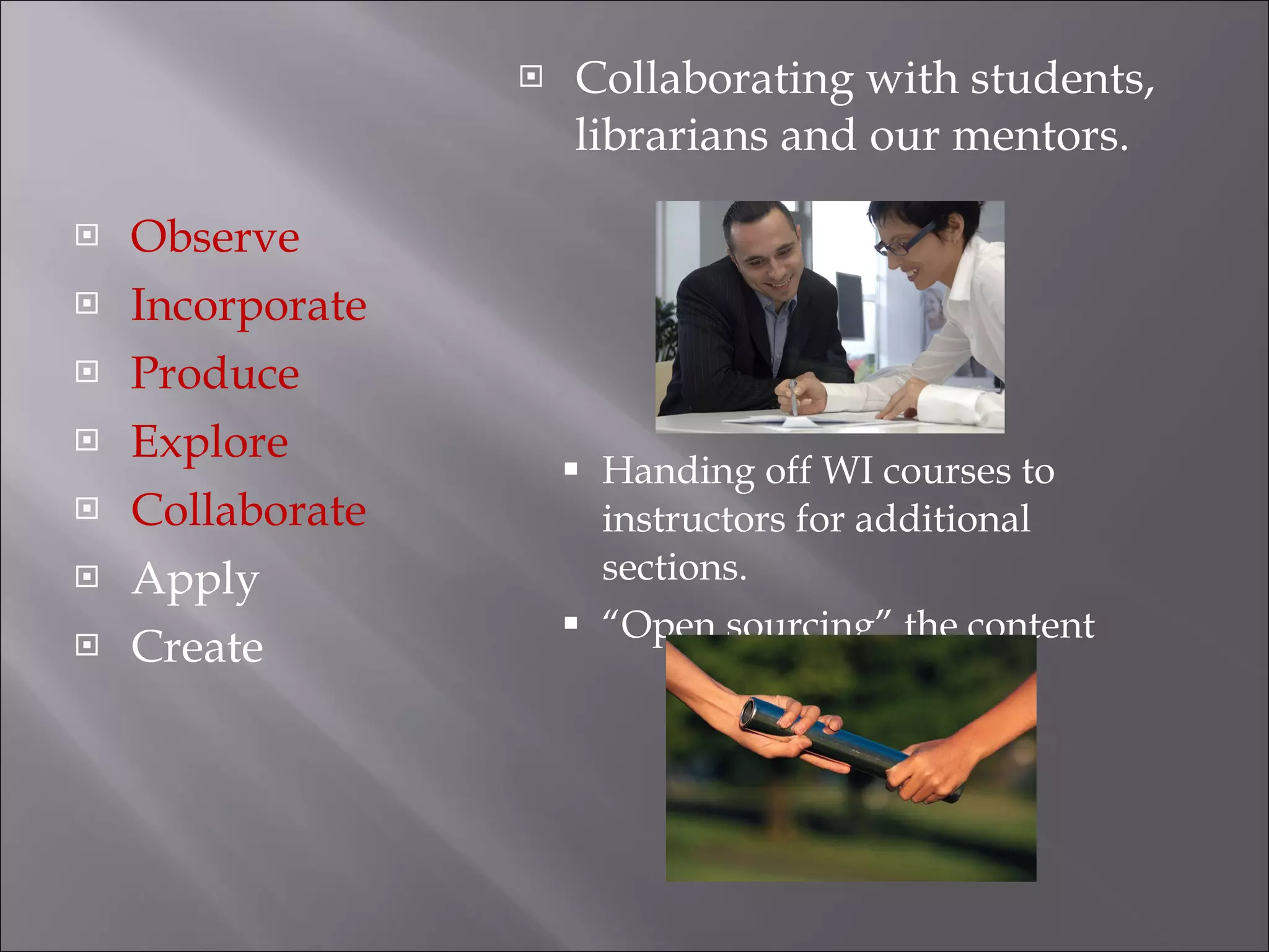 Observe Incorporate Produce Explore Collaborate Apply Create Collaborating with students, librarians and our mentors. Handing off WI courses to instructors for additional sections. “ Open sourcing” the content 
