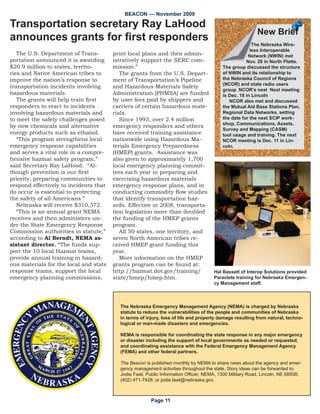 %($21 ±± 1RYHPEHU 
                           *UDQG
                           ,VODQG
                          H[HUFLVH
                          7(55(; µ
                          SODHUV LQ *UDQG
                          ,VODQG VKXW RII D
                          OHDN DIWHU XVLQJ
                          IRDP RQ D VXV
                          SHFWHG HWKDQRO
                          ¿UH GXULQJ WKH
                          H[HUFLVH +D]PDW
                          WHDPV SUHSDUH WR
                          LQVSHFW D UDLO FDU
                          ZLWK D SRVVLEOH
                          OHDN ([HUFLVH
                          SDUWLFLSDQWV DV
                          VHVV WKH VLWXDWLRQ
                          WR GHWHUPLQH WKH
                          PLWLJDWLRQ QHFHV
                          VDU WR FRQWDLQ D
                          SRVVLEOH OHDN RI
                          KD]DUGRXV PDWH
                          ULDO 7KH VFHQDULR
                          LQYROYHG D VWROHQ
                          WUDFWRU WUDLOHU
                          LQWHQWLRQDOO
                          DEDQGRQHG RQ D
                          UDLOURDG WUDFN




         3DJH 
 