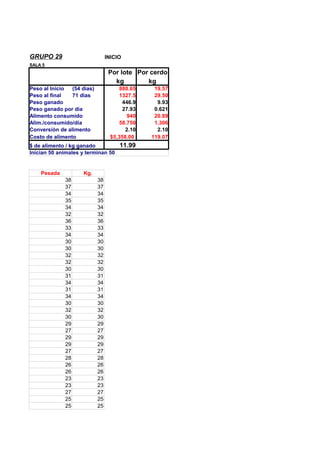 GRUPO 29

INICIO

SALA 5

Por lote Por cerdo
kg
kg
Peso al Inicio
(54 dìas)
Peso al final
71 dìas
Peso ganado
Peso ganado por dia
Alimento consumido
Alim./consumido/día
Conversión de alimento
Costo de alimento

880.65
1327.5
446.9
27.93
940
58.750
2.10
$5,358.00

$ de alimento / kg ganado
Inician 50 animales y terminan 50

Pesada

Kg.
38
37
34
35
34
32
36
33
34
30
30
32
32
30
31
34
31
34
30
32
30
29
27
29
29
27
28
26
26
23
23
27
25
25

38
37
34
35
34
32
36
33
34
30
30
32
32
30
31
34
31
34
30
32
30
29
27
29
29
27
28
26
26
23
23
27
25
25

11.99

19.57
29.50
9.93
0.621
20.89
1.306
2.10
119.07

 