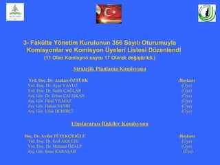3- Fakülte Yönetim Kurulunun 356 Sayılı Oturumuyla
 Komisyonlar ve Komisyon Üyeleri Listesi Düzenlendi
        (11 Olan Komisyon sayısı 17 Olarak değiştirildi.)

                      Stratejik Planlama Komisyonu

 Yrd. Doç. Dr. Atakan ÖZTÜRK                                (Başkan)
 Yrd. Doç. Dr. Ayşe YAVUZ                                     (Üye)
 Yrd. Doç. Dr. Sadık ÇAĞLAR                                   (Üye)
 Arş. Gör. Dr. Erhan ÇALIŞKAN                                 (Üye)
 Arş. Gör. Hilal YILMAZ                                       (Üye)
 Arş. Gör. Hakan SANRI                                        (Üye)
 Arş. Gör. Ufuk DEMİRCİ                                       (Üye)


                     Uluslararası İlişkiler Komisyonu

Doç. Dr. Aydın TÜFEKÇİOĞLU                                  (Başkan)
 Yrd. Doç. Dr. Erol AKKUZU                                    (Üye)
 Yrd. Doç. Dr. Mehmet ÖZALP                                   (Üye)
 Arş. Gör. Banu KARAŞAH                                        (Üye)
 