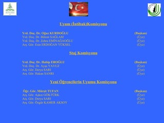 Uyum (İntibak)Komisyonu

Yrd. Doç. Dr. Oğuz KURDOĞLU                         (Başkan)
Yrd. Doç. Dr. Bülent SAĞLAM                           (Üye)
Yrd. Doç. Dr. Zehra EMİNAĞAOĞLU                       (Üye)
Arş. Gör. Esin ERDOĞAN YÜKSEL                         (Üye)

                              Staj Komisyonu

Yrd. Doç. Dr. Habip EROĞLU                          (Başkan)
Yrd. Doç. Dr. Ayşe YAVUZ                              (Üye)
Arş. Gör. Derya SARI                                  (Üye)
Arş. Gör. Hakan SANRI                                 (Üye)

                Yeni Öğrencilerin Uyumu Komisyonu

Öğr. Gör. Mürşit TUFAN                              (Başkan)
Arş. Gör. Aşkın GÖKTÜRK                               (Üye)
Arş. Gör. Derya SARI                                  (Üye)
Arş. Gör. Özgür KAMER AKSOY                           (Üye)
 