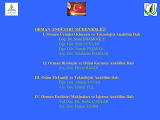 ORMAN ENDÜSTRİ MÜHENDİSLİĞİ
   I. Orman Ürünleri Kimyası ve Teknolojisi Anabilim Dalı
           Doç. Dr. Sami İMAMOĞLU
           Öğr. Gör. Şule CEYLAN
           Ögr. Gör. Emrah PEŞMAN
           Arş. Gör. Selahattin BARDAK

    II. Orman Biyolojisi ve Odun Koruma Anabilim Dalı
            Arş. Gör. Davut BAKIR

III. Odun Mekaniği ve Teknolojisi Anabilim Dalı
             Öğr. Gör. Mürşit TUFAN
             Arş. Gör. Hüsnü YEL

IV. Orman Endüstri Makinaları ve İşletme Anabilim Dalı
            Yrd.Doç. Dr. Sadık ÇAĞLAR
            Arş. Gör. Hakan SANRI
 