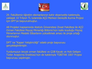 29. Fakültemiz öğretim elemanlarının kahir ekseriyette katılımıyla,
yaklaşık 10 Trilyon TL tutarında AÇÜ Merkezi Deneylik Kurma Projesi
için DPT’ye başvurulmuştur.

AB Projeleri kapsamında Atatürk Üniversitesi Ziraat Fakültesi ile AÇÜ
Orman Fakültesi Peyzaj Mimarlığı Bölümü’nün katkı koyduğu Peyzaj
Mimarlarının Mesleki İtibarlarını yükseltmek amacı ile proje ortağı
olunmuştur.

DPT’ na “Kapari Yetiştiriciliği” odaklı proje başvurusu
gerçekleştirilmiştir.

Yurdumuzun birçok orman fakültesi ve ÇOB Kavak ve Hızlı Gelişen
Türler Araştırma Enstitüsü’nün de katılımıyla TÜBİTAK 1007 Projesi
başvurusu yapılmıştır.
 