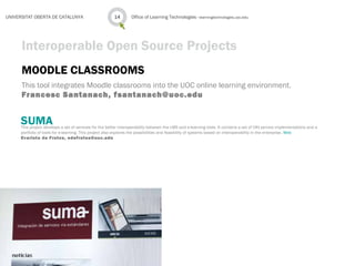 MOODLE CLASSROOMS
This tool integrates Moodle classrooms into the UOC online learning environment.
Francesc Santanach, fsantanach@uoc.edu
Office of Learning Technologies · learningtechnologies.uoc.edu14UNIVERSITAT OBERTA DE CATALUNYA
Interoperable Open Source Projects
SUMAThis project develops a set of services for the better interoperability between the LMS and e-learning tools. It contains a set of OKI service implementations and a
portfolio of tools for e-learning. This project also explores the possibilities and feasibility of systems based on interoperability in the enterprise. Web
Evaristo de Frutos, edefrutos@uoc.edu
 