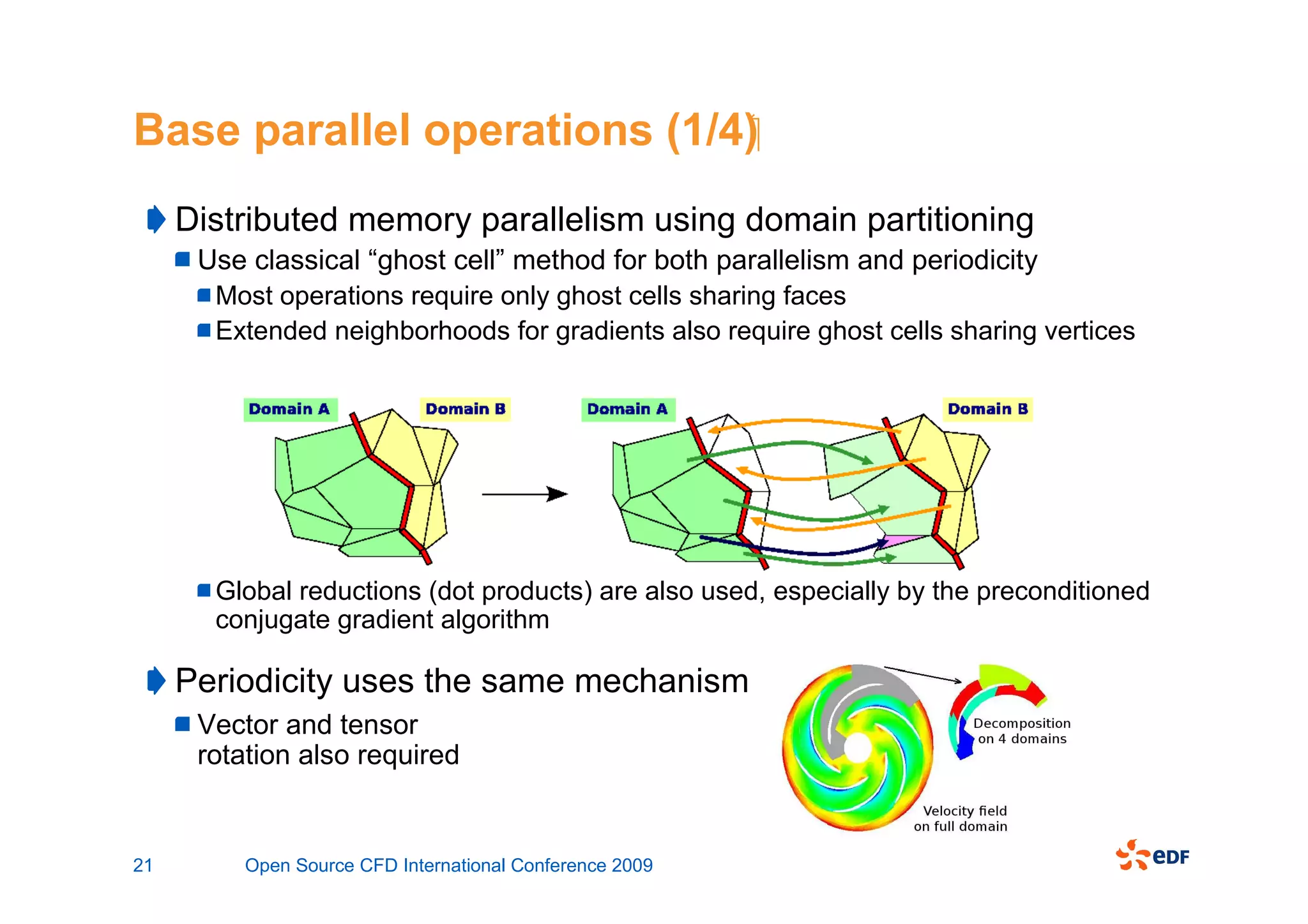Base parallel operations (1/4)
     Distributed memory parallelism using domain partitioning
      Use classical “ghost cell” method for both parallelism and periodicity
       Most operations require only ghost cells sharing faces
       Extended neighborhoods for gradients also require ghost cells sharing vertices




       Global reductions (dot products) are also used, especially by the preconditioned
       conjugate gradient algorithm

     Periodicity uses the same mechanism
      Vector and tensor
      rotation also required


21       Open Source CFD International Conference 2009
 