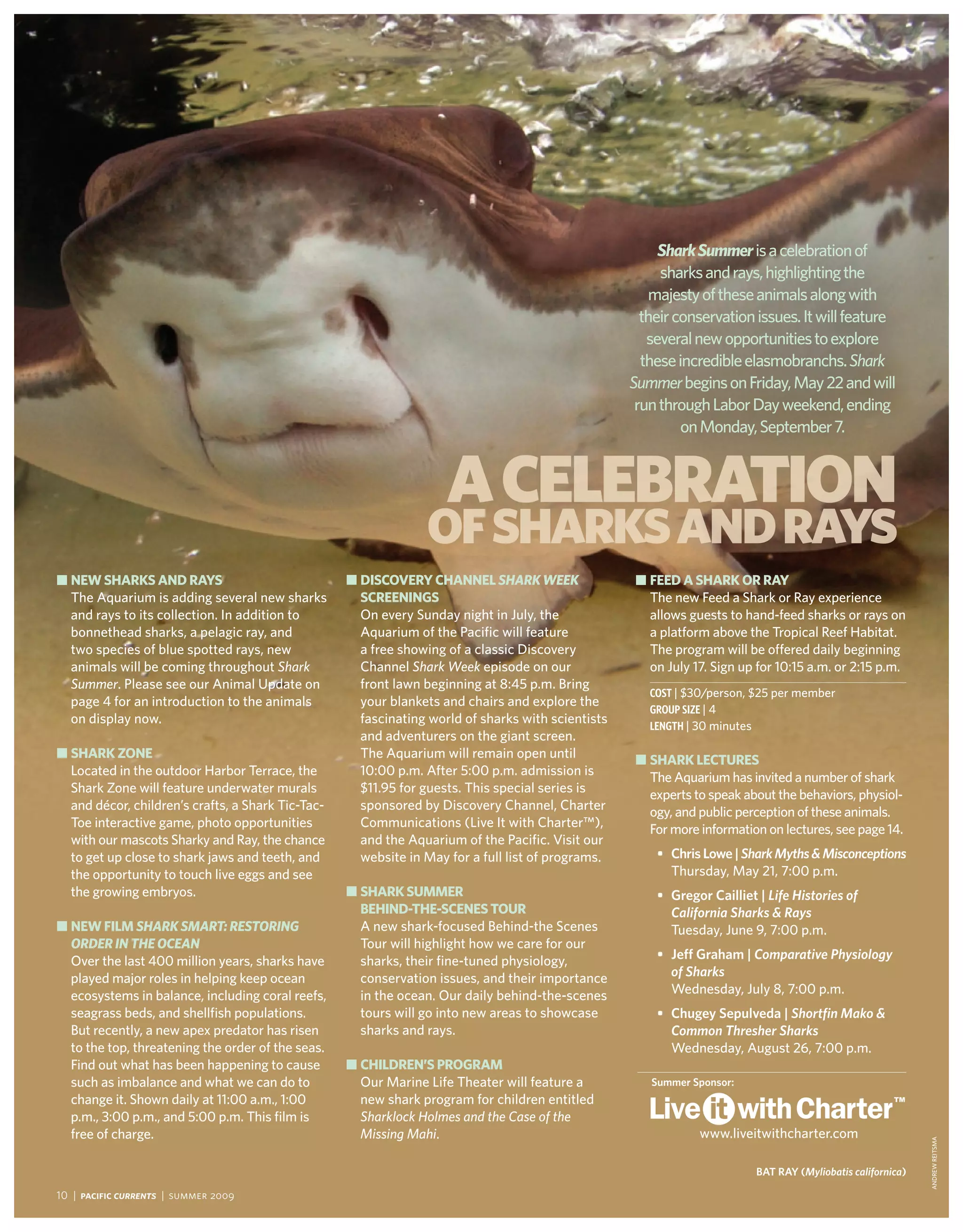 Shark Summer is a celebration of
                                                                                                        sharks and rays, highlighting the
                                                                                                       majesty of these animals along with
                                                                                                     their conservation issues. it will feature
                                                                                                      several new opportunities to explore
                                                                                                     these incredible elasmobranchs. Shark
                                                                                                   Summer begins on friday, may 22 and will
                                                                                                    run through Labor day weekend, ending
                                                                                                            on monday, september 7.



                                                                    a celebration
                                                                of sharks and rays
■ nEW sharks and rays                              ■ disCovEry ChannEl Shark Week                   ■ FEEd a shark or ray
  the Aquarium is adding several new sharks          sCrEEninGs                                       the new feed a shark or Ray experience
  and rays to its collection. in addition to         on every sunday night in July, the               allows guests to hand-feed sharks or rays on
  bonnethead sharks, a pelagic ray, and              Aquarium of the pacific will feature             a platform above the tropical Reef Habitat.
  two species of blue spotted rays, new              a free showing of a classic discovery            the program will be offered daily beginning
  animals will be coming throughout Shark            channel Shark Week episode on our                on July 17. sign up for 10:15 a.m. or 2:15 p.m.
  Summer. please see our Animal update on            front lawn beginning at 8:45 p.m. Bring
                                                                                                      Cost | $30/person, $25 per member
  page 4 for an introduction to the animals          your blankets and chairs and explore the
                                                                                                      GRouP siZe | 4
  on display now.                                    fascinating world of sharks with scientists      LeNGtH | 30 minutes
                                                     and adventurers on the giant screen.
■ shark ZonE                                         the Aquarium will remain open until            ■ shark lECTUrEs
  Located in the outdoor Harbor terrace, the         10:00 p.m. After 5:00 p.m. admission is          the Aquarium has invited a number of shark
  shark Zone will feature underwater murals          $11.95 for guests. this special series is        experts to speak about the behaviors, physiol-
  and décor, children’s crafts, a shark tic-tac-     sponsored by discovery channel, charter          ogy, and public perception of these animals.
  toe interactive game, photo opportunities          communications (Live it with charter™),          for more information on lectures, see page 14.
  with our mascots sharky and Ray, the chance        and the Aquarium of the pacific. Visit our
  to get up close to shark jaws and teeth, and       website in may for a full list of programs.       •	 Chris lowe | Shark myths & misconceptions
  the opportunity to touch live eggs and see                                                              thursday, may 21, 7:00 p.m.
  the growing embryos.                             ■ shark sUmmEr                                      •	 gregor Cailliet | Life histories of
                                                     bEhind-ThE-sCEnEs ToUr                               california Sharks & rays
■ nEW Film Shark Smart: reStoring                    A new shark-focused Behind-the scenes                tuesday, June 9, 7:00 p.m.
  order in the ocean                                 tour will highlight how we care for our
  over the last 400 million years, sharks have       sharks, their fine-tuned physiology,              •	 Jeff graham | comparative Physiology
  played major roles in helping keep ocean           conservation issues, and their importance            of Sharks
  ecosystems in balance, including coral reefs,      in the ocean. our daily behind-the-scenes            wednesday, July 8, 7:00 p.m.
  seagrass beds, and shellfish populations.          tours will go into new areas to showcase          •	 Chugey Sepulveda | Shortfin mako &
  But recently, a new apex predator has risen        sharks and rays.                                     common thresher Sharks
  to the top, threatening the order of the seas.                                                          wednesday, August 26, 7:00 p.m.
  find out what has been happening to cause        ■ ChildrEn’s ProGram
  such as imbalance and what we can do to            our marine Life theater will feature a           Summer Sponsor:
  change it. shown daily at 11:00 a.m., 1:00         new shark program for children entitled
  p.m., 3:00 p.m., and 5:00 p.m. this film is        Sharklock Holmes and the Case of the
  free of charge.                                    Missing Mahi.                                             www.liveitwithcharter.com
                                                                                                                                                            ANdRew ReitsmA




                                                                                                                         Bat ray (myliobatis californica)

10 | Pacific Currents | summer 2009
 
