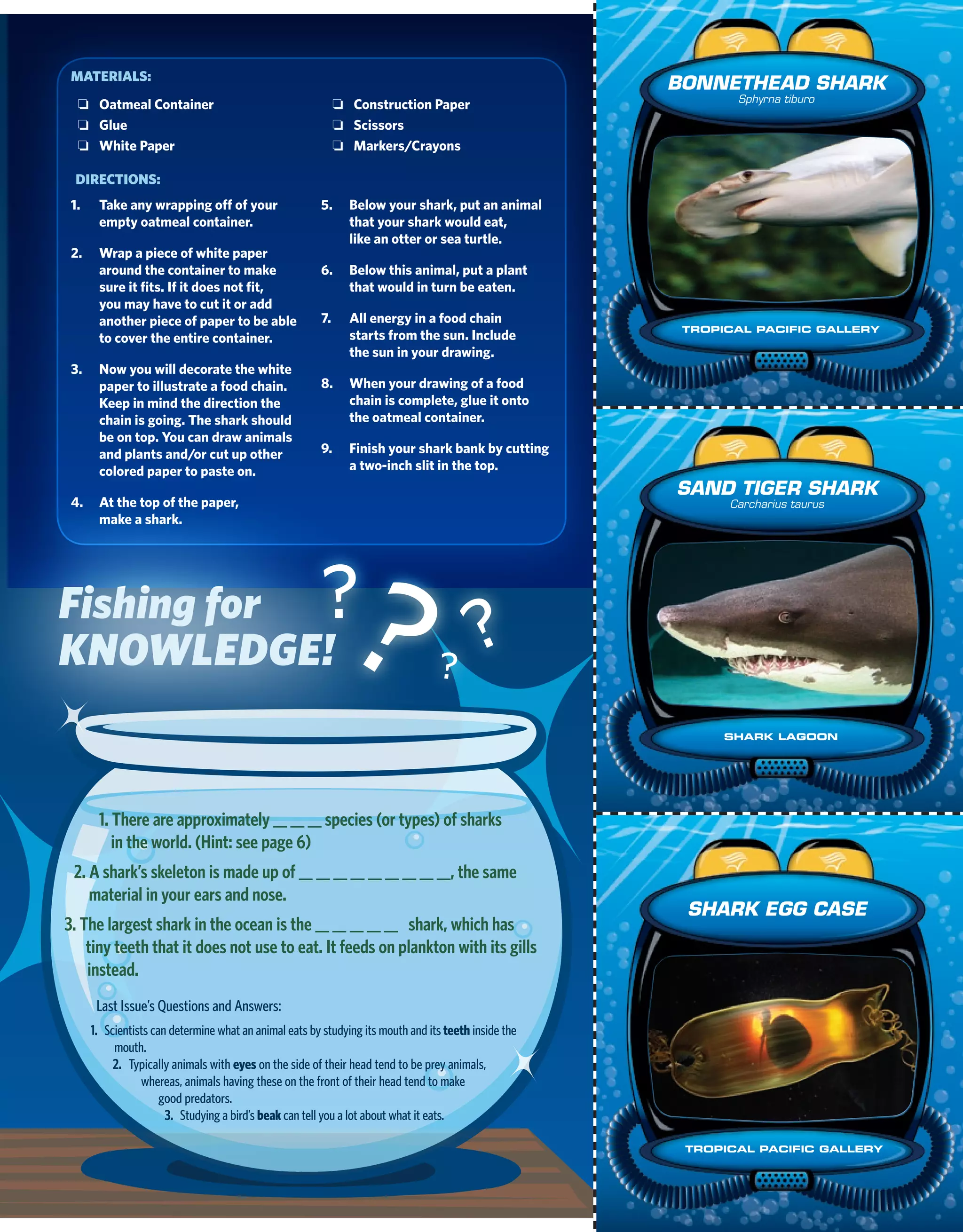 mateRIals:
                                                                                                       Bonnethead Shark
                                                                                                              Sphyrna tiburo
  ❏ oatmeal Container                                        ❏ Construction Paper
  ❏ Glue                                                     ❏ scissors
  ❏ White Paper                                              ❏ markers/Crayons

  DIReCtIOns:
 1.    Take any wrapping off of your                    5.     below your shark, put an animal
       empty oatmeal container.                                that your shark would eat,
                                                               like an otter or sea turtle.
 2.    Wrap a piece of white paper
       around the container to make                     6.     below this animal, put a plant
       sure it fits. if it does not fit,                       that would in turn be eaten.
       you may have to cut it or add
       another piece of paper to be able                7.     all energy in a food chain
                                                                                                        Tropical pacific Gallery
       to cover the entire container.                          starts from the sun. include
                                                               the sun in your drawing.
 3.    now you will decorate the white
       paper to illustrate a food chain.                8.     When your drawing of a food
       keep in mind the direction the                          chain is complete, glue it onto
       chain is going. The shark should                        the oatmeal container.
       be on top. you can draw animals
       and plants and/or cut up other                   9.     Finish your shark bank by cutting
       colored paper to paste on.                              a two-inch slit in the top.
                                                                                                       Sand tiger Shark
 4.    at the top of the paper,                                                                              Carcharius taurus
       make a shark.




Fishing for
Knowledge!
                                                        ?     ?                   ?
                                                                                    ?
                                                                                                             Shark laGoon




       1. there are approximately __ __ __ species (or types) of sharks
          in the world. (Hint: see page 6)
 2. a shark’s skeleton is made up of __ __ __ __ __ __ __ __ __, the same
    material in your ears and nose.
                                                                                                        Shark egg CaSe
3. the largest shark in the ocean is the __ __ __ __ __ shark, which has
    tiny teeth that it does not use to eat. it feeds on plankton with its gills
    instead.
       Last Issue’s Questions and Answers:
      1. Scientists can determine what an animal eats by studying its mouth and its teeth inside the
           mouth.
           2. Typically animals with eyes on the side of their head tend to be prey animals,
                 whereas, animals having these on the front of their head tend to make
                      good predators.
                       3. Studying a bird’s beak can tell you a lot about what it eats.

                                                                                                        Tropical pacific Gallery



                                                                                                             summer 2009 | Pacific Currents | 21
 