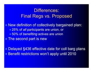 Differences: 
Final Regs vs. Proposed 
 New definition of collectively bargained plan: 
 25% of all participants are uni...