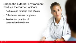 Shape the External Environment:
Reduce the Burden of Care
• Reduce and redefine cost of care
• Offer broad access programs
• Realize the promise of
  personalized medicine
 