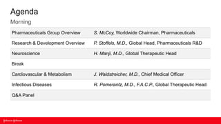Agenda
Morning
Pharmaceuticals Group Overview    S. McCoy, Worldwide Chairman, Pharmaceuticals

Research & Development Overview   P. Stoffels, M.D., Global Head, Pharmaceuticals R&D

Neuroscience                      H. Manji, M.D., Global Therapeutic Head

Break

Cardiovascular & Metabolism       J. Waldstreicher, M.D., Chief Medical Officer

Infectious Diseases               R. Pomerantz, M.D., F.A.C.P., Global Therapeutic Head

Q&A Panel
 
