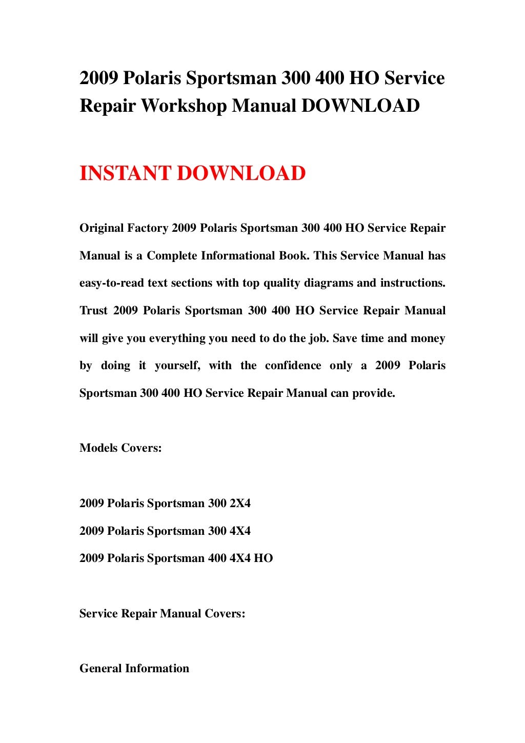 2009 polaris sportsman 300 400 ho service repair workshop manual down…