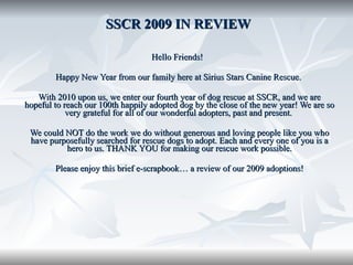 SSCR 2009 IN REVIEW Hello Friends!  Happy New Year from our family here at Sirius Stars Canine Rescue.  With 2010 upon us, we enter our fourth year of dog rescue at SSCR, and we are hopeful to reach our 100th happily adopted dog by the close of the new year! We are so very grateful for all of our wonderful adopters, past and present.  We could NOT do the work we do without generous and loving people like you who have purposefully searched for rescue dogs to adopt. Each and every one of you is a hero to us. THANK YOU for making our rescue work possible. Please enjoy this brief e-scrapbook… a review of our 2009 adoptions! 