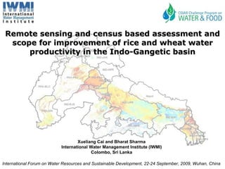 Remote sensing and census based assessment and scope for improvement of rice and wheat water productivity in the Indo-Gangetic basin Xueliang Cai and Bharat Sharma International Water Management Institute (IWMI) Colombo, Sri Lanka International Forum on Water Resources and Sustainable Development, 22-24 September, 2009, Wuhan, China 