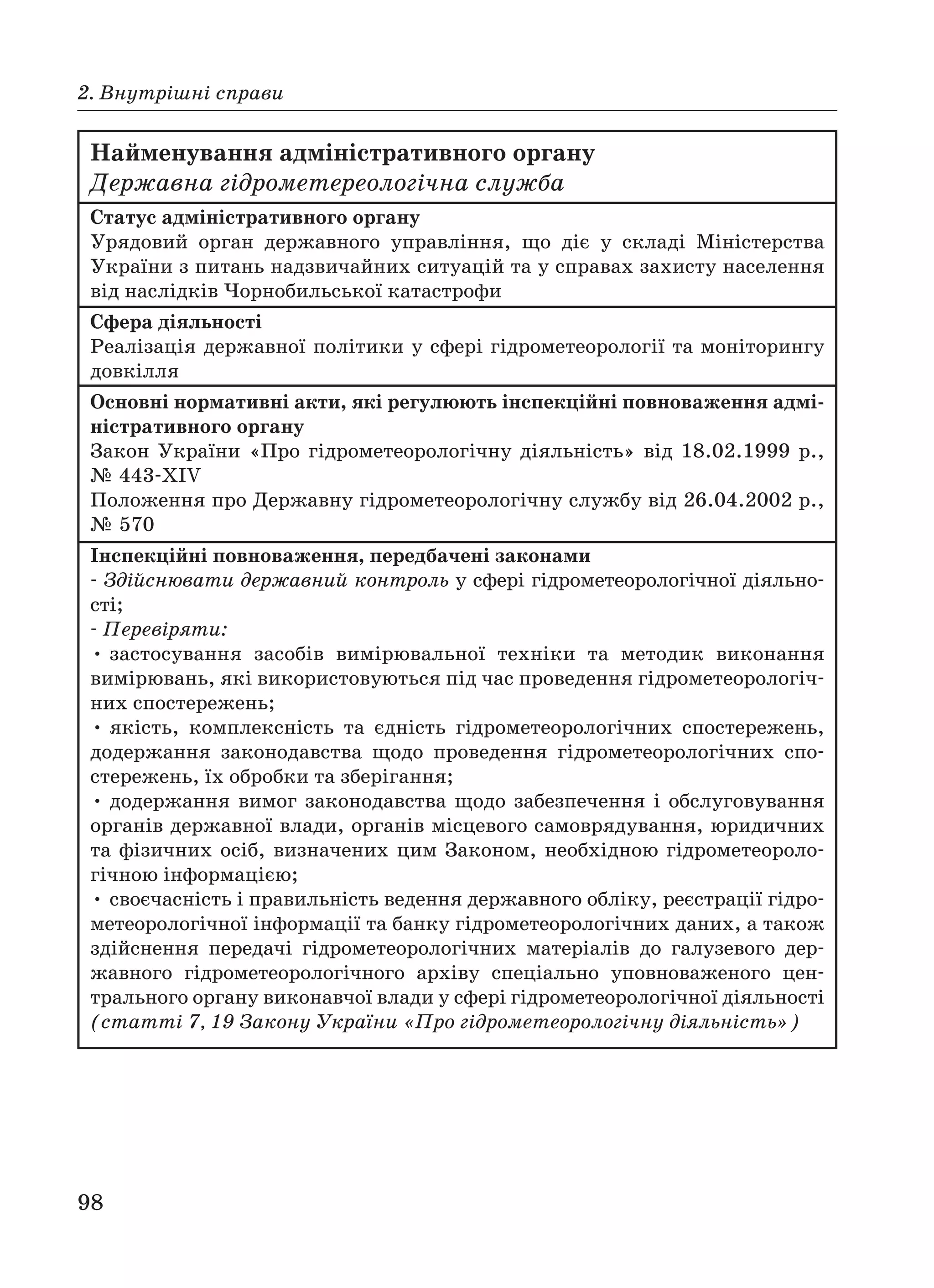 98
2. Внутрішні справи
Найменування адміністративного органу
Державна гідрометереологічна служба
Статус адміністративного органу
Урядовий орган державного управління, що діє у складі Міністерства
України з питань надзвичайних ситуацій та у справах захисту населення
від наслідків Чорнобильської катастрофи
Сфера діяльності
Реалізація державної політики у сфері гідрометеорології та моніторингу
довкілля
Основні нормативні акти, які регулюють інспекційні повноваження адмі
ністративного органу
Закон України «Про гідрометеорологічну діяльність» від 18.02.1999 р.,
№ 443 XIV
Положення про Державну гідрометеорологічну службу від 26.04.2002 р.,
№ 570
Інспекційні повноваження, передбачені законами
Здійснювати державний контроль у сфері гідрометеорологічної діяльно
сті;
Перевіряти:
• застосування засобів вимірювальної техніки та методик виконання
вимірювань, які використовуються під час проведення гідрометеорологіч
них спостережень;
• якість, комплексність та єдність гідрометеорологічних спостережень,
додержання законодавства щодо проведення гідрометеорологічних спо
стережень, їх обробки та зберігання;
• додержання вимог законодавства щодо забезпечення і обслуговування
органів державної влади, органів місцевого самоврядування, юридичних
та фізичних осіб, визначених цим Законом, необхідною гідрометеороло
гічною інформацією;
• своєчасність і правильність ведення державного обліку, реєстрації гідро
метеорологічної інформації та банку гідрометеорологічних даних, а також
здійснення передачі гідрометеорологічних матеріалів до галузевого дер
жавного гідрометеорологічного архіву спеціально уповноваженого цен
трального органу виконавчої влади у сфері гідрометеорологічної діяльності
(статті 7, 19 Закону України «Про гідрометеорологічну діяльність»)
 
