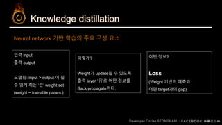 Knowledge distillation
입력 input
출력 output
모델링: input > output 이 될
수 있게 하는 ‘큰’ weight set
(weight ~ trainable param.)
Neural network 기반 학습의 주요 구성 요소
어떻게?
Weight가 update될 수 있도록
출력 layer ‘뒤’로 어떤 정보를
Back propagate한다.
어떤 정보?
Loss
(Weight 기반의 예측과
어떤 target과의 gap)
 