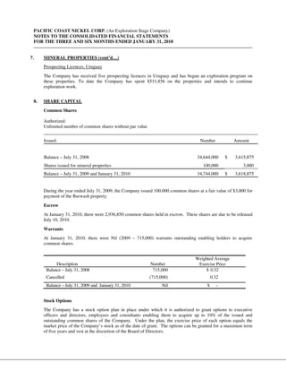 PACIFIC COAST NICKEL CORP. (An Exploration Stage Company)
 NOTES TO THE CONSOLIDATED FINANCIAL STATEMENTS
 FOR THE THREE AND SIX MONTHS ENDED JANUARY 31, 2010


7.    MINERAL PROPERTIES (cont’d…)
      Prospecting Licences, Uruguay
      The Company has received five prospecting licences in Uruguay and has begun an exploration program on
      these properties. To date the Company has spent $511,856 on the properties and intends to continue
      exploration work.


 8.   SHARE CAPITAL
      Common Shares

      Authorized:
      Unlimited number of common shares without par value


      Issued:                                                                         Number            Amount


      Balance – July 31, 2008                                                       34,644,000      $   3,615,875
      Shares issued for mineral properties                                             100,000              3,000
      Balance – July 31, 2009 and January 31, 2010                                  34,744,000      $   3,618,875


      During the year ended July 31, 2009, the Company issued 100,000 common shares at a fair value of $3,000 for
      payment of the Burwash property.
      Escrow
      At January 31, 2010, there were 2,936,850 common shares held in escrow. These shares are due to be released
      July 10, 2010.
      Warrants
      At January 31, 2010, there were Nil (2009 – 715,000) warrants outstanding enabling holders to acquire
      common shares.


                                                                                   Weighted Average
            Description                                     Number                  Exercise Price
       Balance – July 31, 2008                               715,000                    $ 0.32
       Cancelled                                            (715,000)                        0.32
       Balance – July 31, 2009 and January 31, 2010               Nil                    $      -


      Stock Options
      The Company has a stock option plan in place under which it is authorized to grant options to executive
      officers and directors, employees and consultants enabling them to acquire up to 10% of the issued and
      outstanding common shares of the Company. Under the plan, the exercise price of each option equals the
      market price of the Company’s stock as of the date of grant. The options can be granted for a maximum term
      of five years and vest at the discretion of the Board of Directors.
 