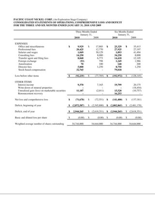PACIFIC COAST NICKEL CORP. (An Exploration Stage Company)
CONSOLIDATED STATEMENTS OF OPERATIONS, COMPREHENSIVE LOSS AND DEFICIT
FOR THE THREE AND SIX MONTHS ENDED JANUARY 31, 2010 AND 2009

                                                           Three Months Ended                  Six Months Ended
                                                               January 31,                        January 31,
                                                          2010             2009              2010             2009

EXPENSES
  Office and miscellaneous                          $       9,929     $      17,885     $      25,329     $      35,413
  Professional fees                                        20,425            12,770            27,925            27,197
  Salaries and wages                                        1,049            30,129             1,893            41,494
  Consulting fees                                          14,250             8,000            34,250             8,000
  Transfer agent and filing fees                            8,840             6,773            14,418            12,105
  Foreign exchange                                            (93)              798             1,249             1,986
  Amortization                                                 70               100               140               200
  Director fees                                             5,000             1,250             8,750             1,250
  Stock-based compensation                                 32,765                 -            79,018                 -

Loss before other items                             $      (92,235)   $      (77,705)   $     (192,972)   $     (128,145)

OTHER ITEMS
  Interest income                                           9,370              7,165           19,799             20,175
  Write-down of mineral properties                              -                  -                -            (18,454)
  Unrealized gain (loss) on marketable securities          11,187             (2,011)          15,520            (10,757)
  Renouncement recovery                                         -                  -           16,253                  -

Net loss and comprehensive loss                     $      (71,678)   $      (72,551)   $     (141,400)   $     (137,181)

Deficit, beginning of year                          $   (2,872,587)   $   (2,545,800)   $   (2,802,865)   $   (2,481,170)

Deficit, end of year                                $    2,944,265    $   (2,618,351)   $   (2,944,265)   $   (2,618,351)

Basic and diluted loss per share                    $        (0.00)   $        (0.00)   $        (0.00)   $        (0.00)

Weighted average number of shares outstanding           34,744,000        34,644,000        34,744,000        34,644,000
 