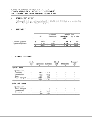 PACIFIC COAST NICKEL CORP. (An Exploration Stage Company)
NOTES TO THE CONSOLIDATED FINANCIAL STATEMENTS
FOR THE THREE AND SIX MONTHS ENDED JANUARY 31, 2010


5.        EXPLORATION DEPOSIT
          At January 31, 2010, cash equivalents included $410 (July 31, 2009 - $408) held by the operator of the
          Burwash Property (See Note #7) exploration program.



6.        EQUIPMENT


                                                              Accumulated               Net Book Value
                                             Cost             Amortization        January 31,    July 31, 2009
                                                                                     2010

     Computer equipment                 $       1,572     $           777         $         795      $          936
     Exploration equipment                     23,304              12,928                10,376              12,260
                                        $      24,876     $        13,705         $      11,171      $       13,196




7.      MINERAL PROPERTIES


                             July 31,                                  July 31,                          January 31,
                              2008      Expenditures    Written-off      2009         Expenditures          2010
                                $            $               $             $               $                  $
     Big Nic, Canada

      Exploration costs
        Consulting               -           5,853       (5,853)             -             -                  -
        Field expenses           -           3,858       (3,858)             -             -                  -
        Wages                    -           1,887       (1,887)             -             -                  -
        Assays and reports       -          12,503      (12,503)             -             -                  -
                                 -          24,101      (24,101)             -             -                  -

     Devils Lake, Canada

      Exploration costs
        Assays and reports       -              -            -               -             -                  -
        Field expenses           -              -            -               -             -                  -
        Consulting               -             700        (700)              -             -                  -
                                 -             700        (700)              -             -                  -
 