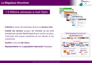 La Mégabase Directinet1.5 Millions adresses e-mail OptinCollectée au travers de mécaniques de jeux sur plusieurs sites. 