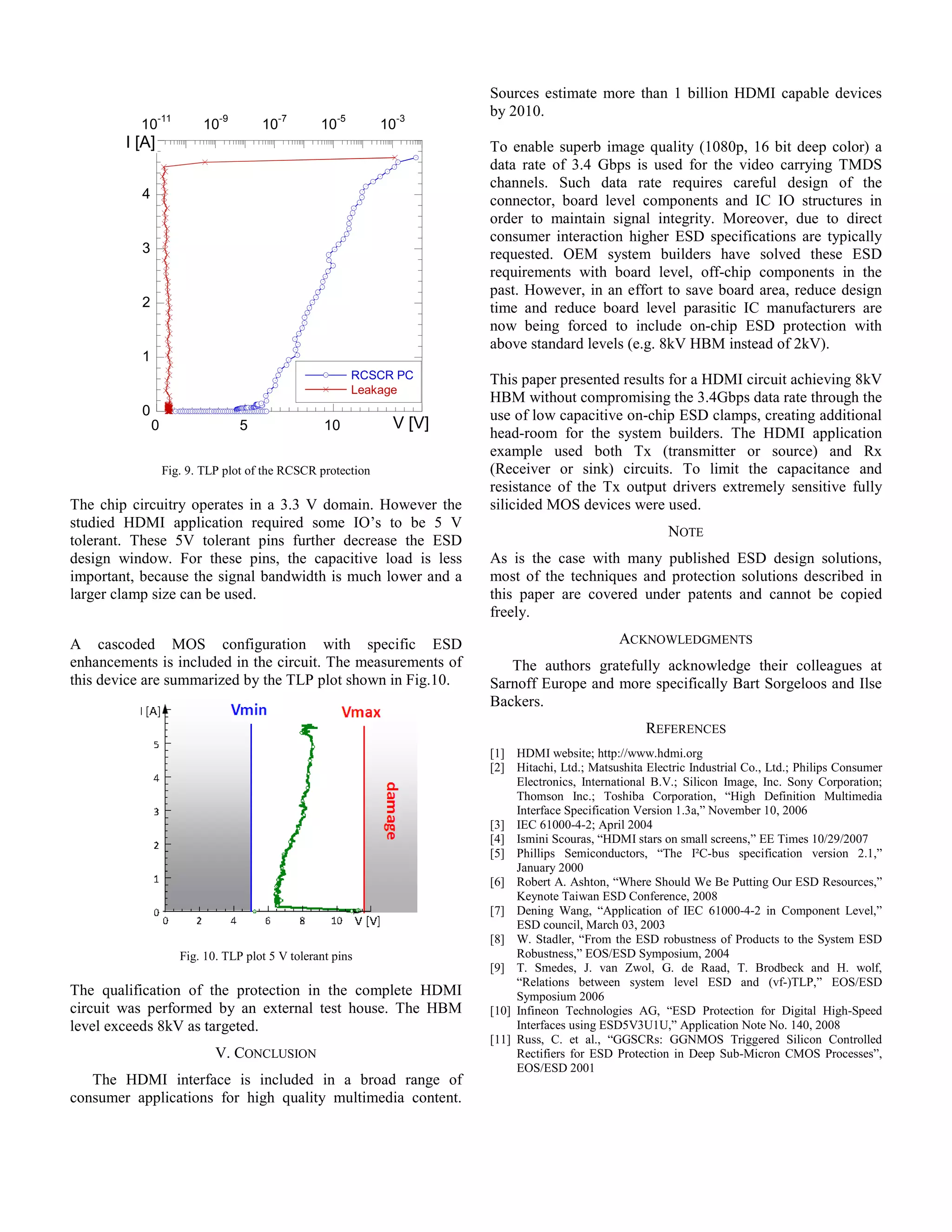 0
1
2
3
4
5
0 5 10 15
10
-11
10
-9
10
-7
10
-5
10
-3
RCSCR PC
Leakage
I [A]
V [V]
Fig. 9. TLP plot of the RCSCR protection
The chip circuitry operates in a 3.3 V domain. However the
studied HDMI application required some IO’s to be 5 V
tolerant. These 5V tolerant pins further decrease the ESD
design window. For these pins, the capacitive load is less
important, because the signal bandwidth is much lower and a
larger clamp size can be used.
A cascoded MOS configuration with specific ESD
enhancements is included in the circuit. The measurements of
this device are summarized by the TLP plot shown in Fig.10.
Fig. 10. TLP plot 5 V tolerant pins
The qualification of the protection in the complete HDMI
circuit was performed by an external test house. The HBM
level exceeds 8kV as targeted.
V. CONCLUSION
The HDMI interface is included in a broad range of
consumer applications for high quality multimedia content.
Sources estimate more than 1 billion HDMI capable devices
by 2010.
To enable superb image quality (1080p, 16 bit deep color) a
data rate of 3.4 Gbps is used for the video carrying TMDS
channels. Such data rate requires careful design of the
connector, board level components and IC IO structures in
order to maintain signal integrity. Moreover, due to direct
consumer interaction higher ESD specifications are typically
requested. OEM system builders have solved these ESD
requirements with board level, off-chip components in the
past. However, in an effort to save board area, reduce design
time and reduce board level parasitic IC manufacturers are
now being forced to include on-chip ESD protection with
above standard levels (e.g. 8kV HBM instead of 2kV).
This paper presented results for a HDMI circuit achieving 8kV
HBM without compromising the 3.4Gbps data rate through the
use of low capacitive on-chip ESD clamps, creating additional
head-room for the system builders. The HDMI application
example used both Tx (transmitter or source) and Rx
(Receiver or sink) circuits. To limit the capacitance and
resistance of the Tx output drivers extremely sensitive fully
silicided MOS devices were used.
NOTE
As is the case with many published ESD design solutions,
most of the techniques and protection solutions described in
this paper are covered under patents and cannot be copied
freely.
ACKNOWLEDGMENTS
The authors gratefully acknowledge their colleagues at
Sarnoff Europe and more specifically Bart Sorgeloos and Ilse
Backers.
REFERENCES
[1] HDMI website; http://www.hdmi.org
[2] Hitachi, Ltd.; Matsushita Electric Industrial Co., Ltd.; Philips Consumer
Electronics, International B.V.; Silicon Image, Inc. Sony Corporation;
Thomson Inc.; Toshiba Corporation, “High Definition Multimedia
Interface Specification Version 1.3a,” November 10, 2006
[3] IEC 61000-4-2; April 2004
[4] Ismini Scouras, “HDMI stars on small screens,” EE Times 10/29/2007
[5] Phillips Semiconductors, “The I²C-bus specification version 2.1,”
January 2000
[6] Robert A. Ashton, “Where Should We Be Putting Our ESD Resources,”
Keynote Taiwan ESD Conference, 2008
[7] Dening Wang, “Application of IEC 61000-4-2 in Component Level,”
ESD council, March 03, 2003
[8] W. Stadler, “From the ESD robustness of Products to the System ESD
Robustness,” EOS/ESD Symposium, 2004
[9] T. Smedes, J. van Zwol, G. de Raad, T. Brodbeck and H. wolf,
“Relations between system level ESD and (vf-)TLP,” EOS/ESD
Symposium 2006
[10] Infineon Technologies AG, “ESD Protection for Digital High-Speed
Interfaces using ESD5V3U1U,” Application Note No. 140, 2008
[11] Russ, C. et al., “GGSCRs: GGNMOS Triggered Silicon Controlled
Rectifiers for ESD Protection in Deep Sub-Micron CMOS Processes”,
EOS/ESD 2001
 