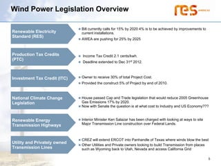 Wind Power Legislation Overview

                              Bill currently calls for 15% by 2020 4% is to be achieved by improvements to
Renewable Electricity         current installations.
Standard (RES)
                              AWEA are pushing for 25% by 2025



Production Tax Credits        Income Tax Credit 2.1 cents/kwh.
(PTC)
                              Deadline extended to Dec 31st 2012.



Investment Tax Credit (ITC)   Owner to receive 30% of total Project Cost.
                              Provided the construct 5% of Project by end of 2010.



National Climate Change       House passed Cap and Trade legislation that would reduce 2005 Greenhouse
Legislation                   Gas Emissions 17% by 2020.
                              Now with Senate the question is at what cost to Industry and US Economy???


Renewable Energy              Interior Minister Ken Salazar has been charged with looking at ways to site
Transmission Highways         Major Transmission Line construction over Federal Lands.



                              CREZ will extend ERCOT into Panhandle of Texas where winds blow the best
Utility and Privately owned
                              Other Utilities and Private owners looking to build Transmission from places
Transmission Lines            such as Wyoming back to Utah, Nevada and access California Grid

                                                                                                             5
 