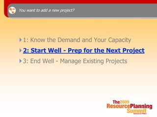 You want to add a new project?




 1: Know the Demand and Your Capacity
 2: Start Well - Prep for the Next Project
 3: End Well - Manage Existing Projects
 