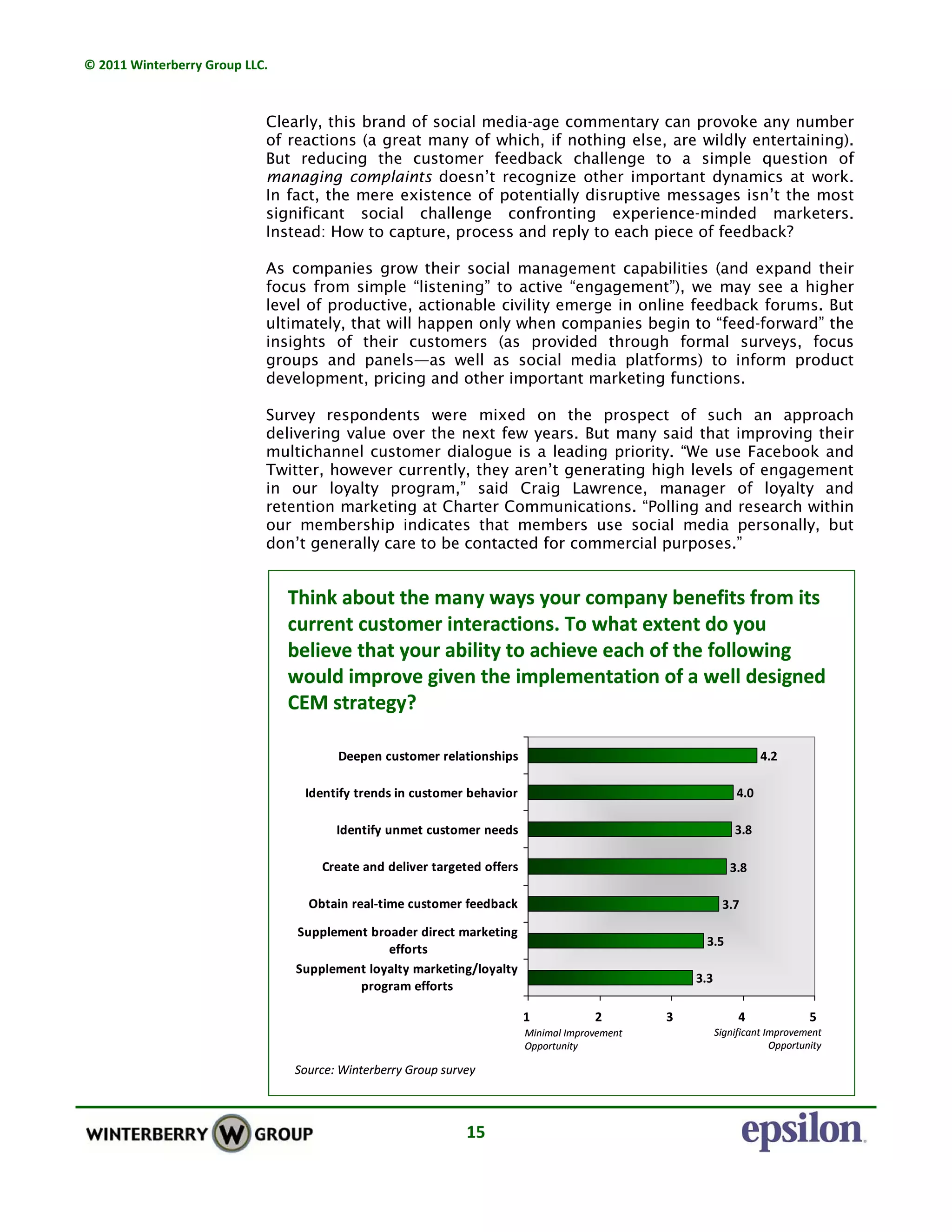 © 2011 Winterberry Group LLC. 
15 
Clearly, this brand of social media-age commentary can provoke any number
of reactions (a great many of which, if nothing else, are wildly entertaining).
But reducing the customer feedback challenge to a simple question of
managing complaints doesn’t recognize other important dynamics at work.
In fact, the mere existence of potentially disruptive messages isn’t the most
significant social challenge confronting experience-minded marketers.
Instead: How to capture, process and reply to each piece of feedback?
As companies grow their social management capabilities (and expand their
focus from simple “listening” to active “engagement”), we may see a higher
level of productive, actionable civility emerge in online feedback forums. But
ultimately, that will happen only when companies begin to “feed-forward” the
insights of their customers (as provided through formal surveys, focus
groups and panels—as well as social media platforms) to inform product
development, pricing and other important marketing functions.
Survey respondents were mixed on the prospect of such an approach
delivering value over the next few years. But many said that improving their
multichannel customer dialogue is a leading priority. “We use Facebook and
Twitter, however currently, they aren’t generating high levels of engagement
in our loyalty program,” said Craig Lawrence, manager of loyalty and
retention marketing at Charter Communications. “Polling and research within
our membership indicates that members use social media personally, but
don’t generally care to be contacted for commercial purposes.”
3.3
3.5
3.7
3.8
4.2
3.8
4.0
1 2 3 4 5
Supplement loyalty marketing/loyalty
program efforts
Supplement broader direct marketing
efforts
Obtain real‐time customer feedback
Create and deliver targeted offers
Identify unmet customer needs
Identify trends in customer behavior
Deepen customer relationships
Think about the many ways your company benefits from its 
current customer interactions. To what extent do you 
believe that your ability to achieve each of the following 
would improve given the implementation of a well designed 
CEM strategy?
Minimal Improvement 
Opportunity
Significant Improvement 
Opportunity
Source: Winterberry Group survey
3.3
3.5
3.7
3.8
4.2
3.8
4.0
1 2 3 4 5
Supplement loyalty marketing/loyalty
program efforts
Supplement broader direct marketing
efforts
Obtain real‐time customer feedback
Create and deliver targeted offers
Identify unmet customer needs
Identify trends in customer behavior
Deepen customer relationships
Think about the many ways your company benefits from its 
current customer interactions. To what extent do you 
believe that your ability to achieve each of the following 
would improve given the implementation of a well designed 
CEM strategy?
Minimal Improvement 
Opportunity
Significant Improvement 
Opportunity
Source: Winterberry Group survey
 