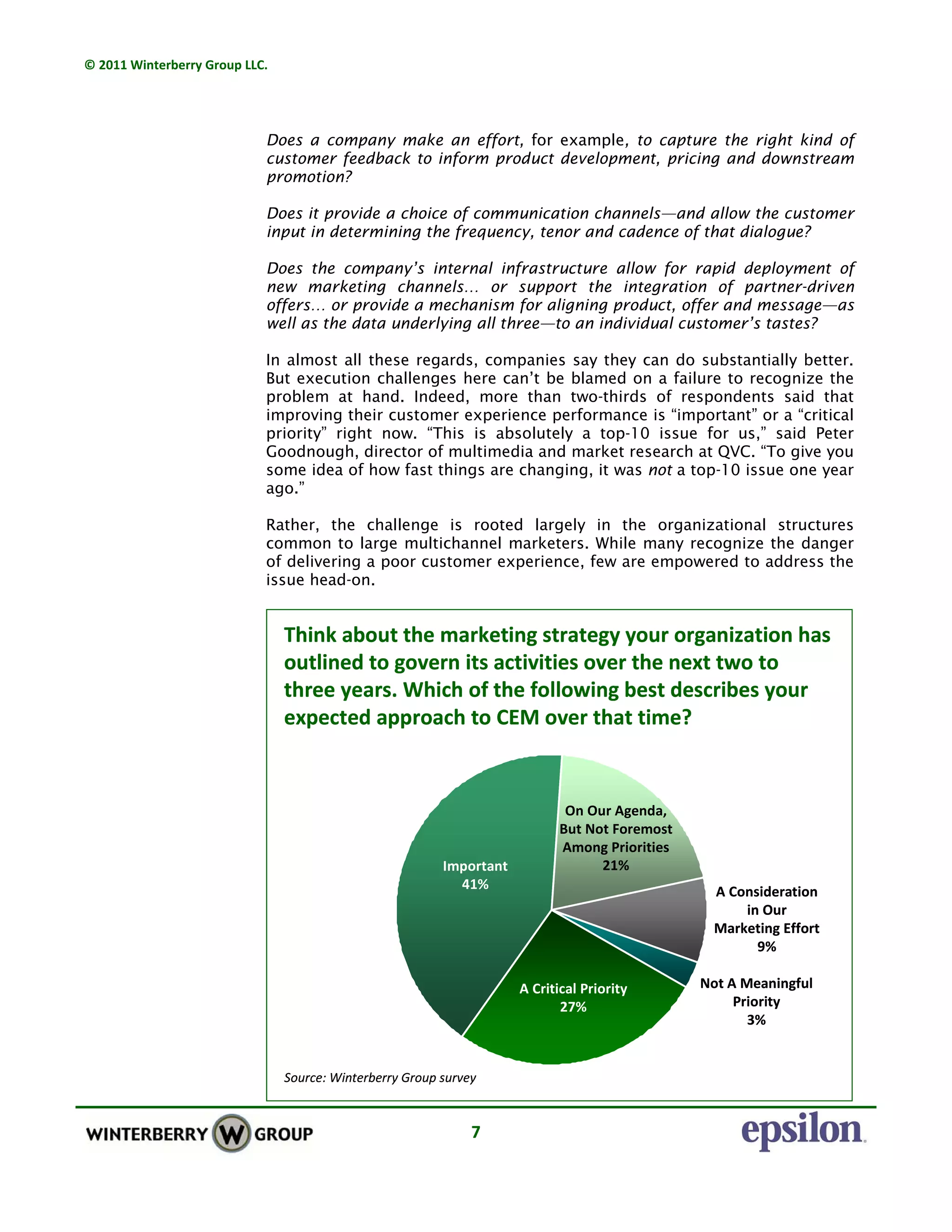 © 2011 Winterberry Group LLC. 
7 
Does a company make an effort, for example, to capture the right kind of
customer feedback to inform product development, pricing and downstream
promotion?
Does it provide a choice of communication channels—and allow the customer
input in determining the frequency, tenor and cadence of that dialogue?
Does the company’s internal infrastructure allow for rapid deployment of
new marketing channels… or support the integration of partner-driven
offers… or provide a mechanism for aligning product, offer and message—as
well as the data underlying all three—to an individual customer’s tastes?
In almost all these regards, companies say they can do substantially better.
But execution challenges here can’t be blamed on a failure to recognize the
problem at hand. Indeed, more than two-thirds of respondents said that
improving their customer experience performance is “important” or a “critical
priority” right now. “This is absolutely a top-10 issue for us,” said Peter
Goodnough, director of multimedia and market research at QVC. “To give you
some idea of how fast things are changing, it was not a top-10 issue one year
ago.”
Rather, the challenge is rooted largely in the organizational structures
common to large multichannel marketers. While many recognize the danger
of delivering a poor customer experience, few are empowered to address the
issue head-on.
Source: Winterberry Group survey
Think about the marketing strategy your organization has 
outlined to govern its activities over the next two to 
three years. Which of the following best describes your 
expected approach to CEM over that time?
A Consideration 
in Our 
Marketing Effort
9%
A Critical Priority
27%
Important
41%
On Our Agenda, 
But Not Foremost 
Among Priorities
21%
Not A Meaningful 
Priority
3%
Source: Winterberry Group survey
Think about the marketing strategy your organization has 
outlined to govern its activities over the next two to 
three years. Which of the following best describes your 
expected approach to CEM over that time?
A Consideration 
in Our 
Marketing Effort
9%
A Critical Priority
27%
Important
41%
On Our Agenda, 
But Not Foremost 
Among Priorities
21%
Not A Meaningful 
Priority
3%
 