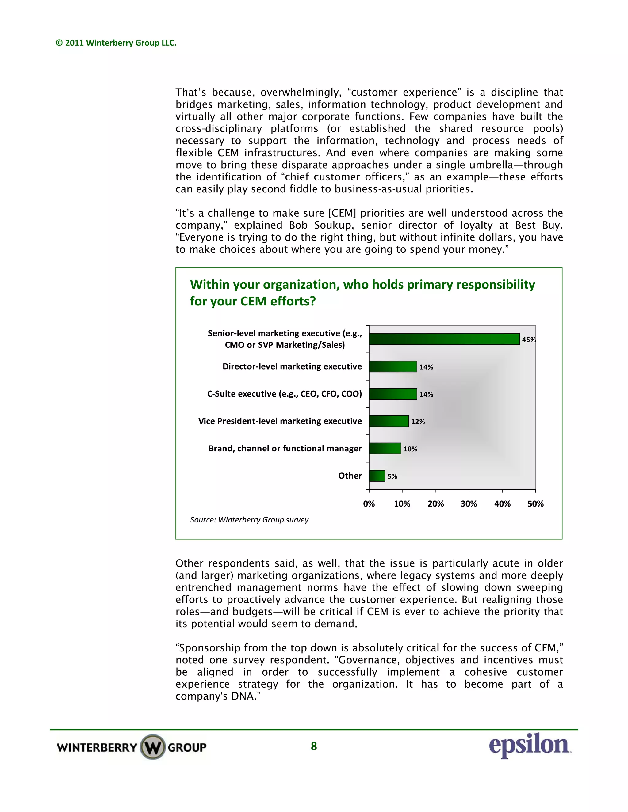 © 2011 Winterberry Group LLC. 
8 
That’s because, overwhelmingly, “customer experience” is a discipline that
bridges marketing, sales, information technology, product development and
virtually all other major corporate functions. Few companies have built the
cross-disciplinary platforms (or established the shared resource pools)
necessary to support the information, technology and process needs of
flexible CEM infrastructures. And even where companies are making some
move to bring these disparate approaches under a single umbrella—through
the identification of “chief customer officers,” as an example—these efforts
can easily play second fiddle to business-as-usual priorities.
“It’s a challenge to make sure [CEM] priorities are well understood across the
company,” explained Bob Soukup, senior director of loyalty at Best Buy.
“Everyone is trying to do the right thing, but without infinite dollars, you have
to make choices about where you are going to spend your money.”
Other respondents said, as well, that the issue is particularly acute in older
(and larger) marketing organizations, where legacy systems and more deeply
entrenched management norms have the effect of slowing down sweeping
efforts to proactively advance the customer experience. But realigning those
roles—and budgets—will be critical if CEM is ever to achieve the priority that
its potential would seem to demand.
“Sponsorship from the top down is absolutely critical for the success of CEM,”
noted one survey respondent. “Governance, objectives and incentives must
be aligned in order to successfully implement a cohesive customer
experience strategy for the organization. It has to become part of a
company's DNA.”
5%
10%
12%
14%
14%
45%
0% 10% 20% 30% 40% 50%
Other
Brand, channel or functional manager
Vice President‐level marketing executive
C‐Suite executive (e.g., CEO, CFO, COO)
Director‐level marketing executive
Senior‐level marketing executive (e.g.,
CMO or SVP Marketing/Sales)
Within your organization, who holds primary responsibility 
for your CEM efforts?
Source: Winterberry Group survey
5%
10%
12%
14%
14%
45%
0% 10% 20% 30% 40% 50%
Other
Brand, channel or functional manager
Vice President‐level marketing executive
C‐Suite executive (e.g., CEO, CFO, COO)
Director‐level marketing executive
Senior‐level marketing executive (e.g.,
CMO or SVP Marketing/Sales)
Within your organization, who holds primary responsibility 
for your CEM efforts?
Source: Winterberry Group survey
 