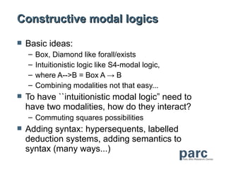 Constructive modal logics

   Basic ideas:
    –   Box, Diamond like forall/exists
    –   Intuitionistic logic like S4-modal logic,
    –   where A-->B = Box A → B
    –   Combining modalities not that easy...
   To have ``intuitionistic modal logic” need to
    have two modalities, how do they interact?
    – Commuting squares possibilities
   Adding syntax: hypersequents, labelled
    deduction systems, adding semantics to
    syntax (many ways...)
 