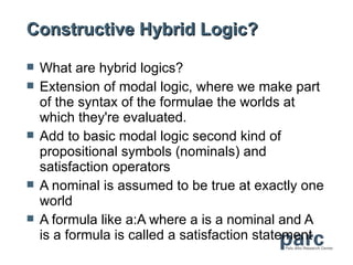 Constructive Hybrid Logic?

   What are hybrid logics?
   Extension of modal logic, where we make part
    of the syntax of the formulae the worlds at
    which they're evaluated.
   Add to basic modal logic second kind of
    propositional symbols (nominals) and
    satisfaction operators
   A nominal is assumed to be true at exactly one
    world
   A formula like a:A where a is a nominal and A
    is a formula is called a satisfaction statement
 