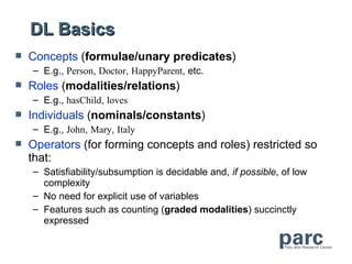 DL Basics
   Concepts (formulae/unary predicates)
    – E.g., Person, Doctor, HappyParent, etc.
   Roles (modalities/relations)
    – E.g., hasChild, loves
   Individuals (nominals/constants)
    – E.g., John, Mary, Italy
   Operators (for forming concepts and roles) restricted so
    that:
    – Satisfiability/subsumption is decidable and, if possible, of low
      complexity
    – No need for explicit use of variables
    – Features such as counting (graded modalities) succinctly
      expressed
 