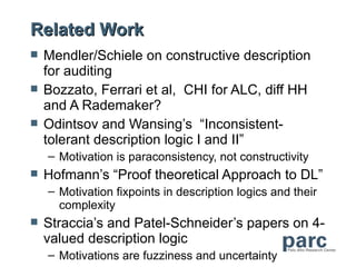 Related Work
   Mendler/Schiele on constructive description
    for auditing
   Bozzato, Ferrari et al, CHI for ALC, diff HH
    and A Rademaker?
   Odintsov and Wansing’s “Inconsistent-
    tolerant description logic I and II”
    – Motivation is paraconsistency, not constructivity
   Hofmann’s “Proof theoretical Approach to DL”
    – Motivation fixpoints in description logics and their
      complexity
   Straccia’s and Patel-Schneider’s papers on 4-
    valued description logic
    – Motivations are fuzziness and uncertainty
 
