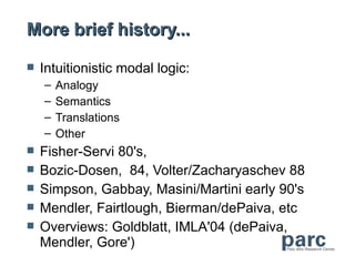 More brief history...

   Intuitionistic modal logic:
    –   Analogy
    –   Semantics
    –   Translations
    –   Other
   Fisher-Servi 80's,
   Bozic-Dosen, 84, Volter/Zacharyaschev 88
   Simpson, Gabbay, Masini/Martini early 90's
   Mendler, Fairtlough, Bierman/dePaiva, etc
   Overviews: Goldblatt, IMLA'04 (dePaiva,
    Mendler, Gore')
 