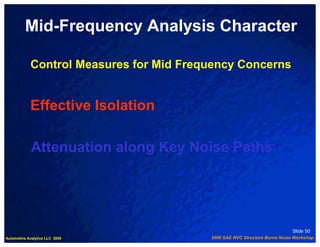 Mid-Frequency Analysis Character

            Control Measures for Mid Frequency Concerns


            Effective Isolation

             Attenuation along Key Noise Paths




                                                                           Slide 50
Automotive Analytics LLC 2009            2009 SAE NVC Structure Borne Noise Workshop
 