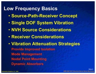Low Frequency Basics
           • Source-Path-Receiver Concept
           • Single DOF System Vibration
           • NVH Source Considerations
           • Receiver Considerations
           • Vibration Attenuation Strategies
                Provide Improved Isolation
                Mode Management
                Nodal Point Mounting
                Dynamic Absorbers
                                                                                Slide 9
Automotive Analytics LLC 2009                2009 SAE NVC Structure Borne Noise Workshop
 