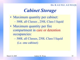Cabinet Storage Maximum quantity per cabinet: 500L all Classes , 250L Class I liquid Maximum quantity per fire compartment in  care or detention  occupancies: 500L all Classes, 250L Class I liquid (i.e. one cabinet) Div. B, 4.2.10.2., 4.2.10.3.(3) 