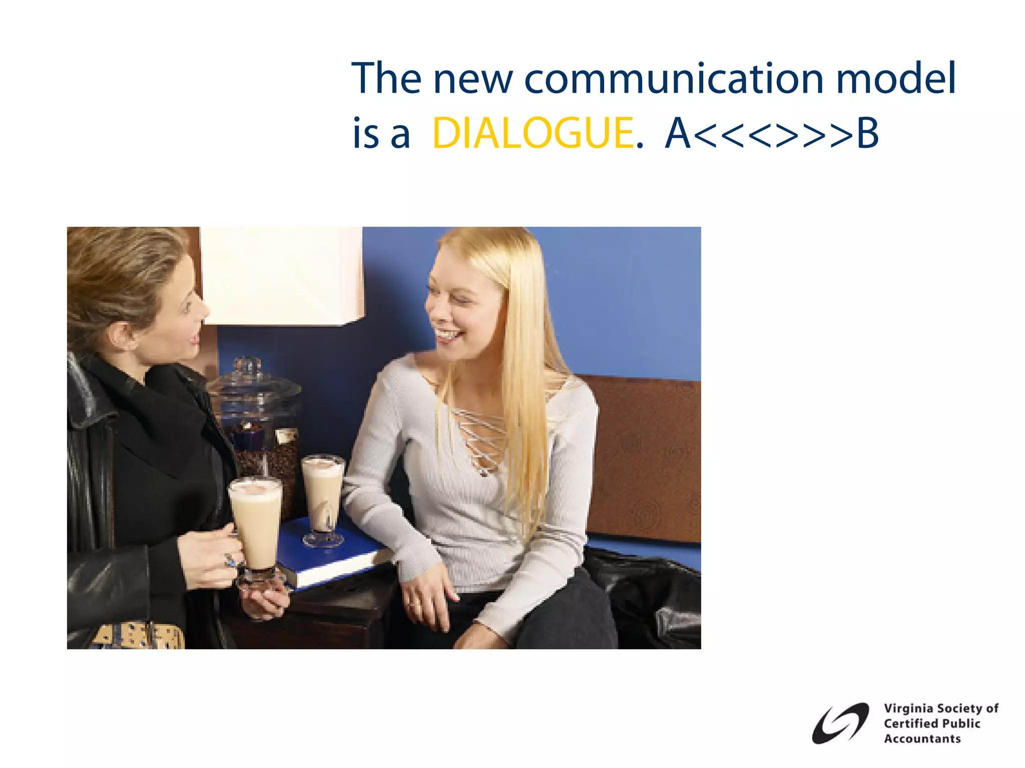 The new communication model
is a DIALOGUE. A<<<>>>B
 