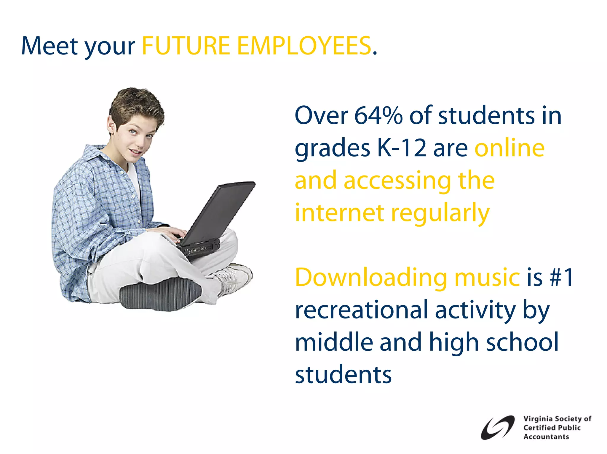 Meet your FUTURE EMPLOYEES.

                    Over 64% of students in
                    grades K-12 are online
                    and accessing the
                    internet regularly

                    Downloading music is #1
                    recreational activity by
                    middle and high school
                    students
 