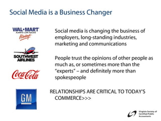 Social Media is a Business Changer

               Social media is changing the business of
               employers, long-standing industries,
               marketing and communications

               People trust the opinions of other people as
               much as, or sometimes more than the
               “experts” – and definitely more than
               spokespeople

             RELATIONSHIPS ARE CRITICAL TO TODAY’S
               COMMERCE>>>
 
