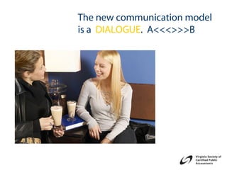 The new communication model
is a DIALOGUE. A<<<>>>B
 