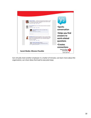 •Sparks
                                                            conversation
                                                            •Helps you find
                                                            answers to
                                                            work-related
                                                            questions
                                                            •Creates
                                                            connections
          Social Media: Mission Possible                                   18




Can virtually meet another employee in a matter of minutes; can learn more about the
organization; can share ideas that lead to executed steps




                                                                                       18
 