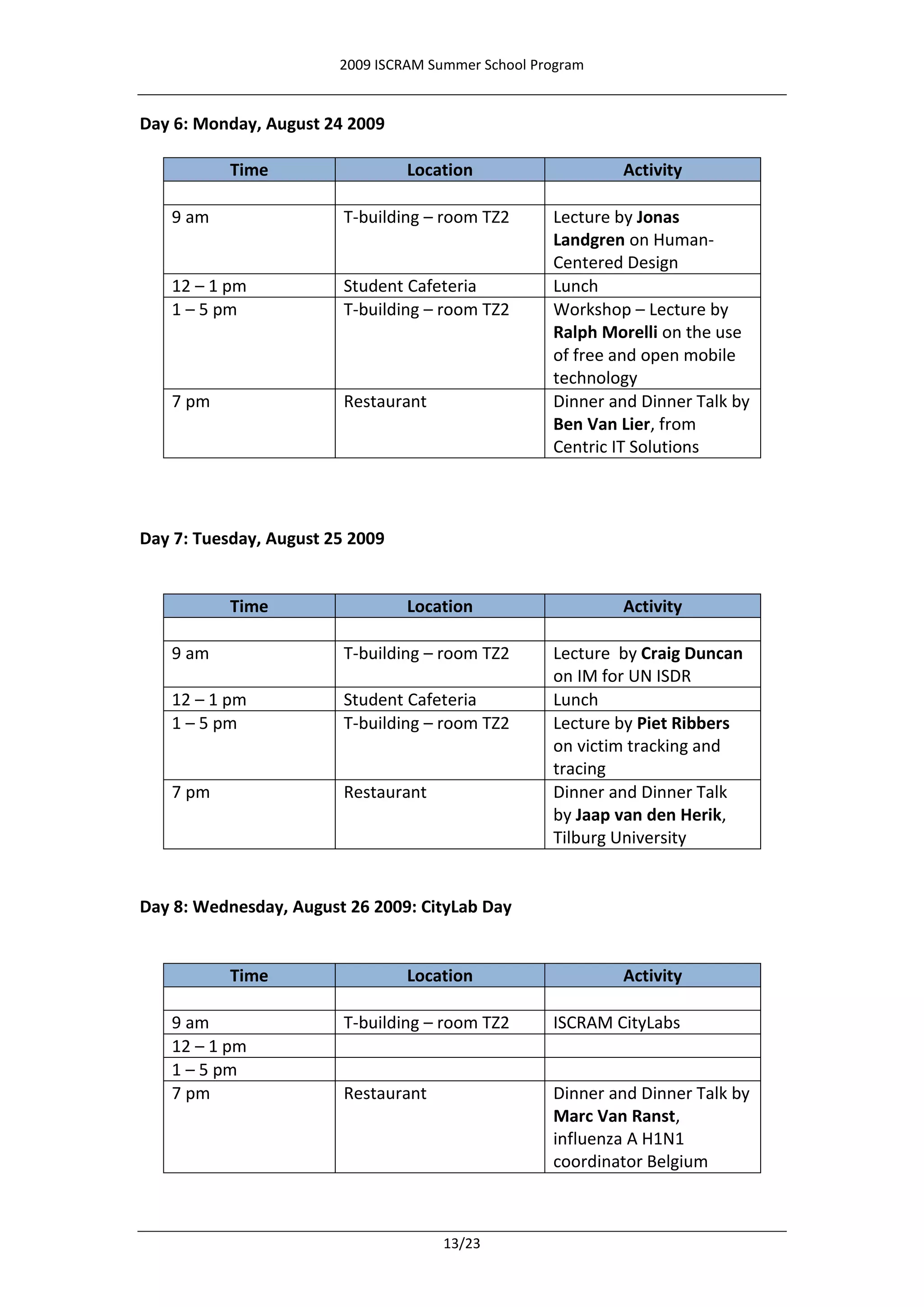 2009 ISCRAM Summer School Program


Day 6: Monday, August 24 2009

           Time                  Location                   Activity

   9 am                 T-building – room TZ2       Lecture by Jonas
                                                    Landgren on Human-
                                                    Centered Design
   12 – 1 pm            Student Cafeteria           Lunch
   1 – 5 pm             T-building – room TZ2       Workshop – Lecture by
                                                    Ralph Morelli on the use
                                                    of free and open mobile
                                                    technology
   7 pm                 Restaurant                  Dinner and Dinner Talk by
                                                    Ben Van Lier, from
                                                    Centric IT Solutions



Day 7: Tuesday, August 25 2009


           Time                  Location                   Activity

   9 am                 T-building – room TZ2       Lecture by Craig Duncan
                                                    on IM for UN ISDR
   12 – 1 pm            Student Cafeteria           Lunch
   1 – 5 pm             T-building – room TZ2       Lecture by Piet Ribbers
                                                    on victim tracking and
                                                    tracing
   7 pm                 Restaurant                  Dinner and Dinner Talk
                                                    by Jaap van den Herik,
                                                    Tilburg University


Day 8: Wednesday, August 26 2009: CityLab Day


           Time                  Location                   Activity

   9 am                 T-building – room TZ2       ISCRAM CityLabs
   12 – 1 pm
   1 – 5 pm
   7 pm                 Restaurant                  Dinner and Dinner Talk by
                                                    Marc Van Ranst,
                                                    influenza A H1N1
                                                    coordinator Belgium



                                      13/23
 