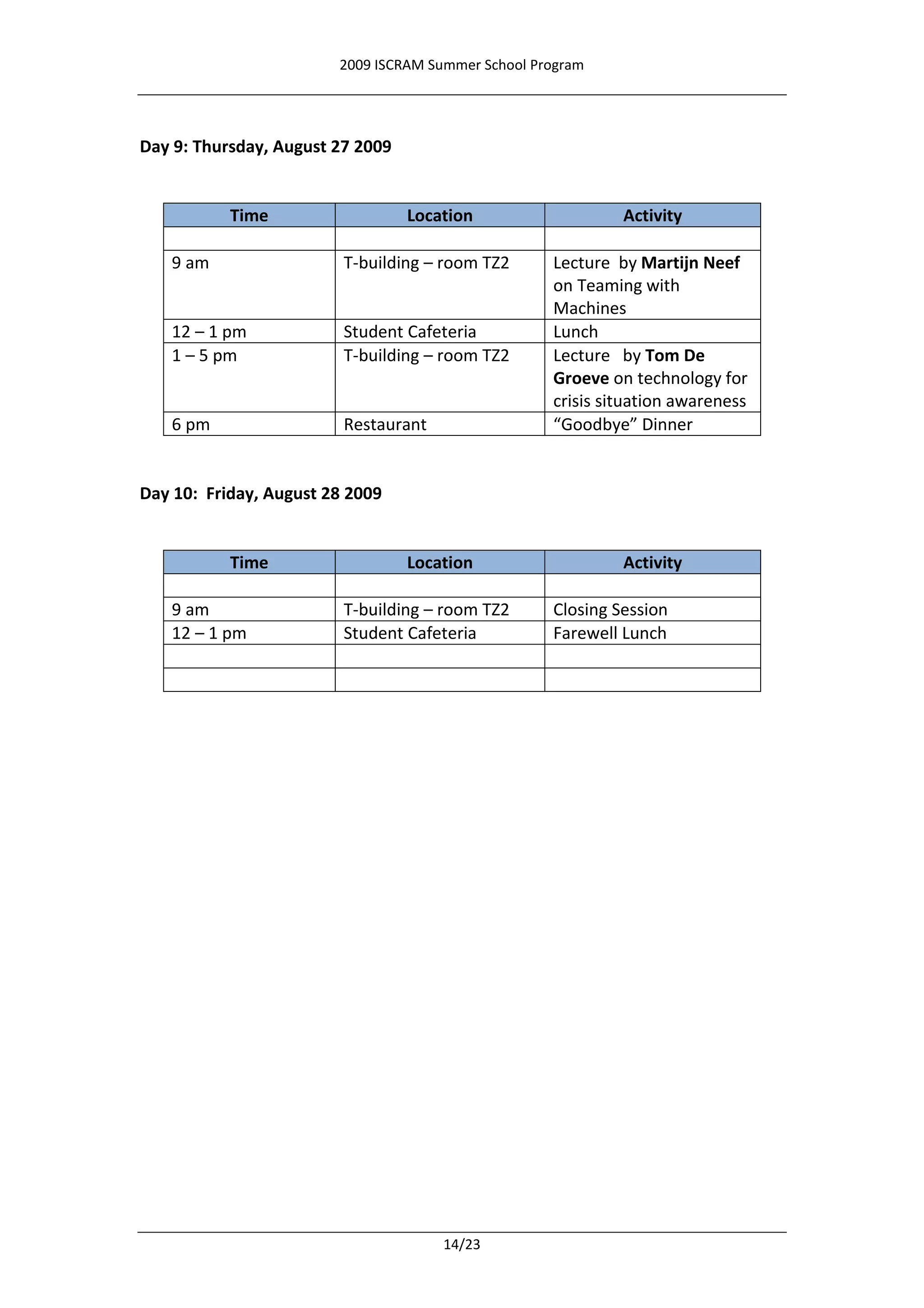 2009 ISCRAM Summer School Program




Day 9: Thursday, August 27 2009


           Time                   Location                   Activity

   9 am                  T-building – room TZ2      Lecture by Martijn Neef
                                                    on Teaming with
                                                    Machines
   12 – 1 pm             Student Cafeteria          Lunch
   1 – 5 pm              T-building – room TZ2      Lecture by Tom De
                                                    Groeve on technology for
                                                    crisis situation awareness
   6 pm                  Restaurant                 “Goodbye” Dinner


Day 10: Friday, August 28 2009


           Time                   Location                   Activity

   9 am                  T-building – room TZ2      Closing Session
   12 – 1 pm             Student Cafeteria          Farewell Lunch




                                      14/23
 