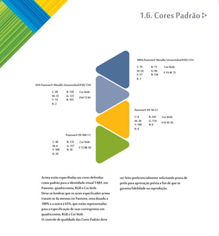 1.6. Cores Padrão


                                                                 100% Pantone® Metallic Unvarnished 8182 CVU
                                                                 C: 76      R: 73     Cor Web:
                                                                 M: 54      G: 96     # 1A 4E 75
                                                                 Y: 21      B: 136
                                                                 K: 3
65% Pantone® Metallic Unvarnished 8182 CVU
            C: 49      R: 120   Cor Web:
            M: 35      G: 133   #54 72 94
            Y: 14      B: 165
            K: 2
                                                                Pantone® DS 18-2 C
                                                                C: 0      R: 243     Cor Web:
                                                                M: 30     G: 174     # FE 9C 03
                                                                Y: 100    B: 0
                                                                K: 0
                      Pantone® DS 300-1 C
            C: 40      R: 115    Cor Web:
            M: 0       G: 157   # 72 8B 1D
            Y: 100     B: 36
            K: 20




    Acima estão especifiadas ass cores definidas      ser feito preferencialmente solicitando prova de
    como padrão para a identidade visual TABA em      prelo para aprovação prévia a fim de que se
    Pantone, quadricromia, RGB e Cor Web.             garanta fidelidade na reprodução.
    Deve-se lembrar que os azuis especficados acima
    tratam-se da mesma cor Pantone, uma dosada a
    100% e a outra a 65%, que estão representadas
    para a especificação de suas correspontes em
    quadricromia, RGB e Cor Web.
    O controle de qualidade das Cores Padrão deve
 