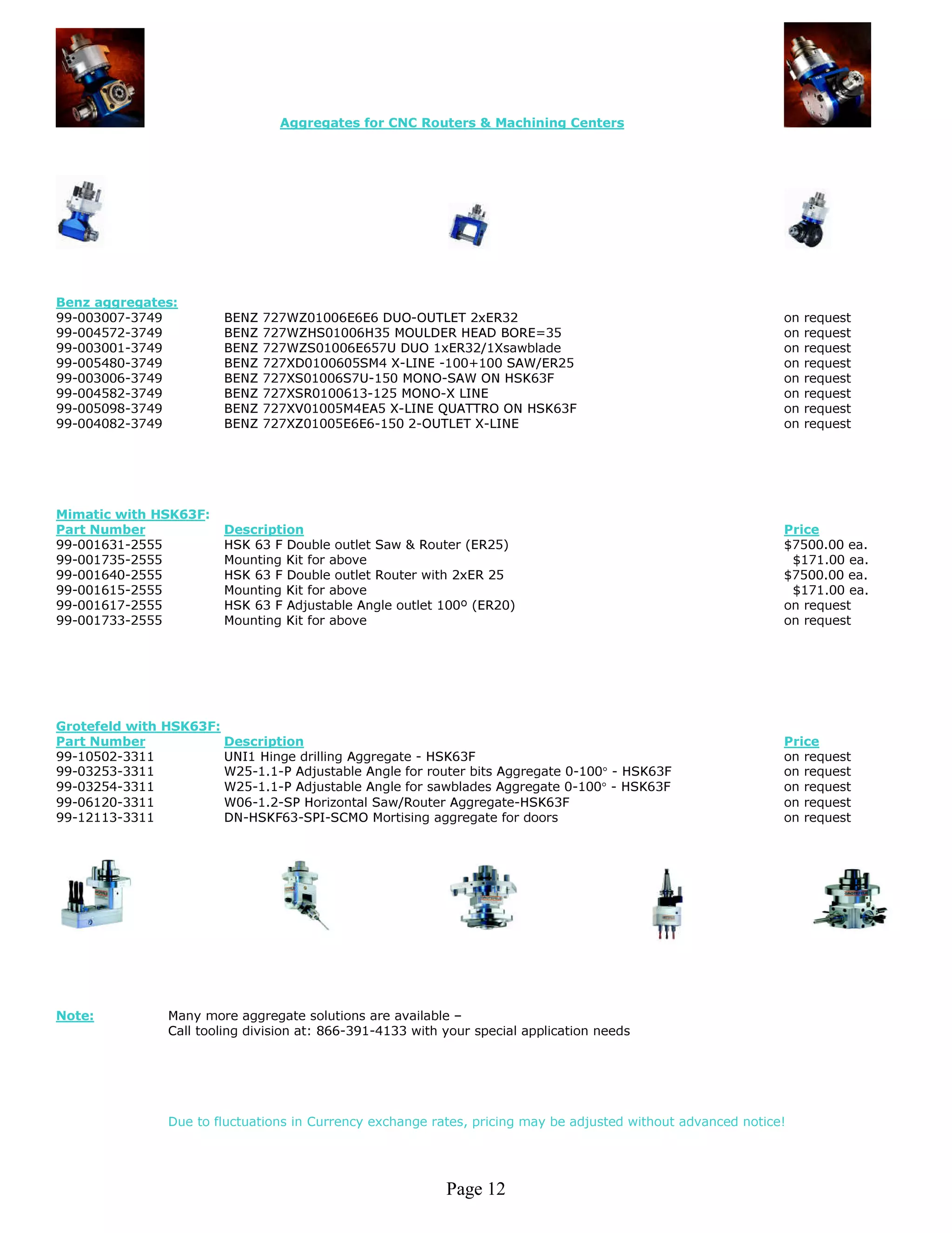 Aggregates for CNC Routers & Machining Centers




Benz aggregates:
99-003007-3749          BENZ   727WZ01006E6E6 DUO-OUTLET 2xER32                                                on   request
99-004572-3749          BENZ   727WZHS01006H35 MOULDER HEAD BORE=35                                            on   request
99-003001-3749          BENZ   727WZS01006E657U DUO 1xER32/1Xsawblade                                          on   request
99-005480-3749          BENZ   727XD0100605SM4 X-LINE -100+100 SAW/ER25                                        on   request
99-003006-3749          BENZ   727XS01006S7U-150 MONO-SAW ON HSK63F                                            on   request
99-004582-3749          BENZ   727XSR0100613-125 MONO-X LINE                                                   on   request
99-005098-3749          BENZ   727XV01005M4EA5 X-LINE QUATTRO ON HSK63F                                        on   request
99-004082-3749          BENZ   727XZ01005E6E6-150 2-OUTLET X-LINE                                              on   request




Mimatic with HSK63F:
Part Number             Description                                                                            Price
99-001631-2555          HSK 63 F Double outlet Saw & Router (ER25)                                             $7500.00 ea.
99-001735-2555          Mounting Kit for above                                                                  $171.00 ea.
99-001640-2555          HSK 63 F Double outlet Router with 2xER 25                                             $7500.00 ea.
99-001615-2555          Mounting Kit for above                                                                  $171.00 ea.
99-001617-2555          HSK 63 F Adjustable Angle outlet 100º (ER20)                                           on request
99-001733-2555          Mounting Kit for above                                                                 on request




Grotefeld with HSK63F:
Part Number            Description                                                                             Price
99-10502-3311          UNI1 Hinge drilling Aggregate - HSK63F                                                  on request
99-03253-3311          W25-1.1-P Adjustable Angle for router bits Aggregate 0-100° - HSK63F                    on request
99-03254-3311          W25-1.1-P Adjustable Angle for sawblades Aggregate 0-100° - HSK63F                      on request
99-06120-3311          W06-1.2-SP Horizontal Saw/Router Aggregate-HSK63F                                       on request
99-12113-3311          DN-HSKF63-SPI-SCMO Mortising aggregate for doors                                        on request




Note:           Many more aggregate solutions are available –
                Call tooling division at: 866-391-4133 with your special application needs




                Due to fluctuations in Currency exchange rates, pricing may be adjusted without advanced notice!




                                                            Page 12
 