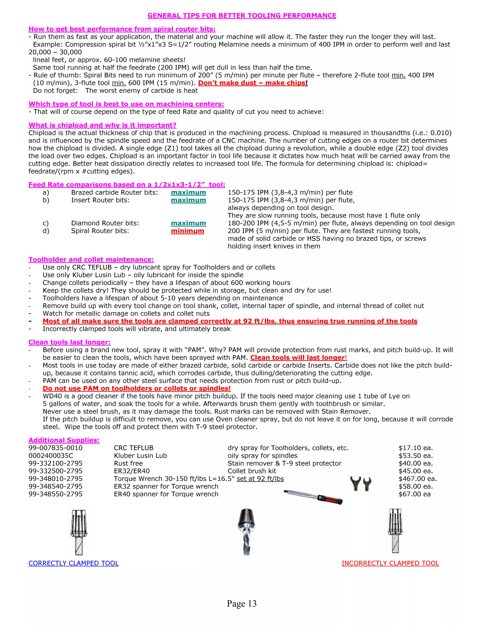 GENERAL TIPS FOR BETTER TOOLING PERFORMANCE

How to get best performance from spiral router bits:
- Run them as fast as your application, the material and your machine will allow it. The faster they run the longer they will last.
  Example: Compression spiral bit ½”x1”x3 S=1/2” routing Melamine needs a minimum of 400 IPM in order to perform well and last
20,000 – 30,000
  lineal feet, or approx. 60-100 melamine sheets!
  Same tool running at half the feedrate (200 IPM) will get dull in less than half the time.
- Rule of thumb: Spiral Bits need to run minimum of 200” (5 m/min) per minute per flute – therefore 2-flute tool min. 400 IPM
  (10 m/min), 3-flute tool min. 600 IPM (15 m/min). Don’t make dust – make chips!
  Do not forget: The worst enemy of carbide is heat

Which type of tool is best to use on machining centers:
- That will of course depend on the type of feed Rate and quality of cut you need to achieve:

What is chipload and why is it important?
Chipload is the actual thickness of chip that is produced in the machining process. Chipload is measured in thousandths (i.e.: 0.010)
and is influenced by the spindle speed and the feedrate of a CNC machine. The number of cutting edges on a router bit determines
how the chipload is divided. A single edge (Z1) tool takes all the chipload during a revolution, while a double edge (Z2) tool divides
the load over two edges. Chipload is an important factor in tool life because it dictates how much heat will be carried away from the
cutting edge. Better heat dissipation directly relates to increased tool life. The formula for determining chipload is: chipload=
feedrate/(rpm x #cutting edges).

Feed Rate comparisons based on a 1/2x1x3-1/2” tool:
   a)      Brazed carbide Router bits: maximum      150-175 IPM (3,8-4,3 m/min) per flute
   b)      Insert Router bits:         maximum      150-175 IPM (3,8-4,3 m/min) per flute,
                                                    always depending on tool design.
                                                    They are slow running tools, because most have 1 flute only
   c)      Diamond Router bits:        maximum      180-200 IPM (4,5-5 m/min) per flute, always depending on tool design
   d)      Spiral Router bits:         minimum      200 IPM (5 m/min) per flute. They are fastest running tools,
                                                    made of solid carbide or HSS having no brazed tips, or screws
                                                    holding insert knives in them

Toolholder and collet maintenance:
    Use only CRC TEFLUB – dry lubricant spray for Toolholders and or collets
    Use only Kluber Lusin Lub – oily lubricant for inside the spindle
-

    Change collets periodically – they have a lifespan of about 600 working hours
-

    Keep the collets dry! They should be protected while in storage, but clean and dry for use!
-

-   Toolholders have a lifespan of about 5-10 years depending on maintenance
-

    Remove build up with every tool change on tool shank, collet, internal taper of spindle, and internal thread of collet nut
-   Watch for metallic damage on collets and collet nuts
-

-   Most of all make sure the tools are clamped correctly at 92 ft/lbs, thus ensuring true running of the tools
-   Incorrectly clamped tools will vibrate, and ultimately break

Clean tools last longer:
    Before using a brand new tool, spray it with “PAM”. Why? PAM will provide protection from rust marks, and pitch build-up. It will
    be easier to clean the tools, which have been sprayed with PAM. Clean tools will last longer!
-

    Most tools in use today are made of either brazed carbide, solid carbide or carbide Inserts. Carbide does not like the pitch build-
    up, because it contains tannic acid, which corrodes carbide, thus dulling/deteriorating the cutting edge.
-

-   PAM can be used on any other steel surface that needs protection from rust or pitch build-up.
    Do not use PAM on toolholders or collets or spindles!
    WD40 is a good cleaner if the tools have minor pitch buildup. If the tools need major cleaning use 1 tube of Lye on
-

    5 gallons of water, and soak the tools for a while. Afterwards brush them gently with toothbrush or similar.
-

    Never use a steel brush, as it may damage the tools. Rust marks can be removed with Stain Remover.
    If the pitch buildup is difficult to remove, you can use Oven cleaner spray, but do not leave it on for long, because it will corrode
    steel. Wipe the tools off and protect them with T-9 steel protector.

Additional Supplies:
99-007835-0010             CRC TEFLUB                       dry spray for Toolholders, collets, etc.                   $17.10 ea.
0002400035C                Kluber Lusin Lub                 oily spray for spindles                                    $53.50 ea.
99-332100-2795             Rust free                        Stain remover & T-9 steel protector                        $40.00 ea.
99-332500-2795             ER32/ER40                        Collet brush kit                                           $45.00 ea.
99-348010-2795             Torque Wrench 30-150 ft/lbs L=16.5" set at 92 ft/lbs                                        $467.00 ea.
99-348540-2795             ER32 spanner for Torque wrench                                                              $58.00 ea.
99-348550-2795             ER40 spanner for Torque wrench                                                              $67.00 ea




CORRECTLY CLAMPED TOOL                                                                               INCORRECTLY CLAMPED TOOL




                                                                Page 13
 